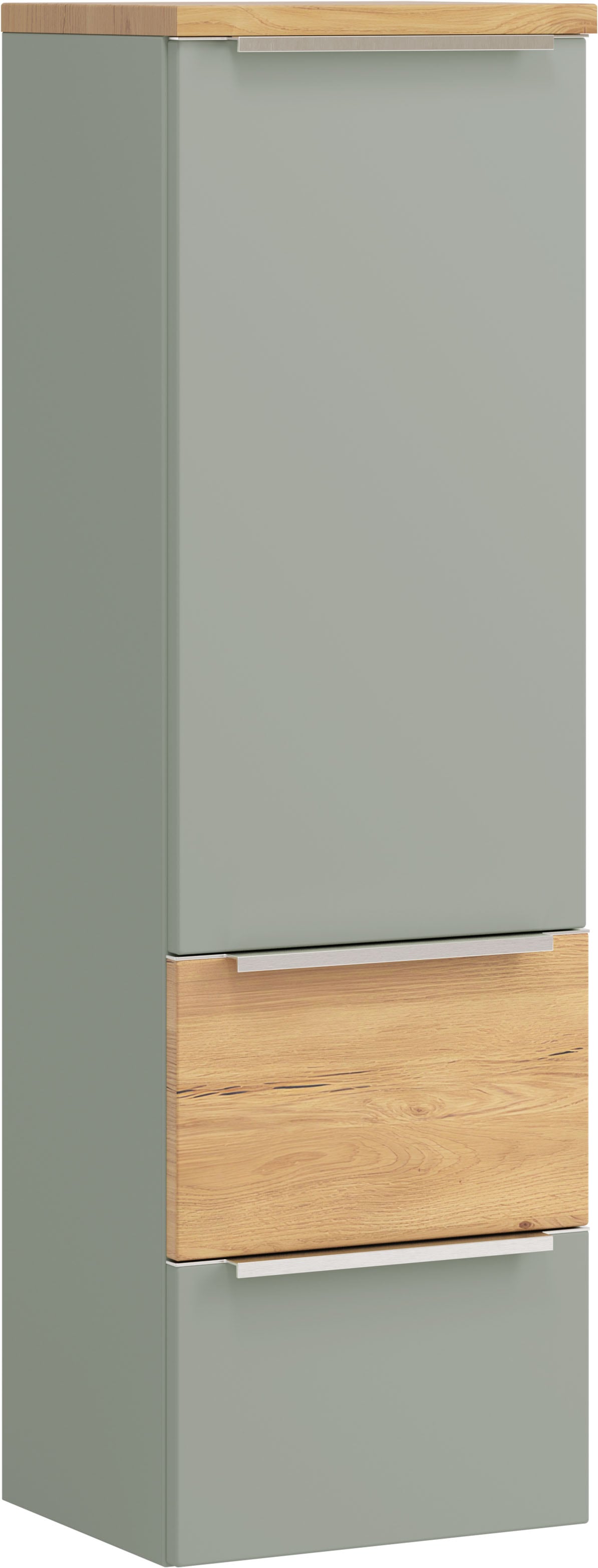 welltime Midischrank "TRIENT, Midischrank 40 cm, Softclose-Auszüge und gedämpfte Scharniere" Maße (B/H/T): ca. 40/130/35 cm, Schilfgrün/Wildeiche, Softclose-Metallauszüge