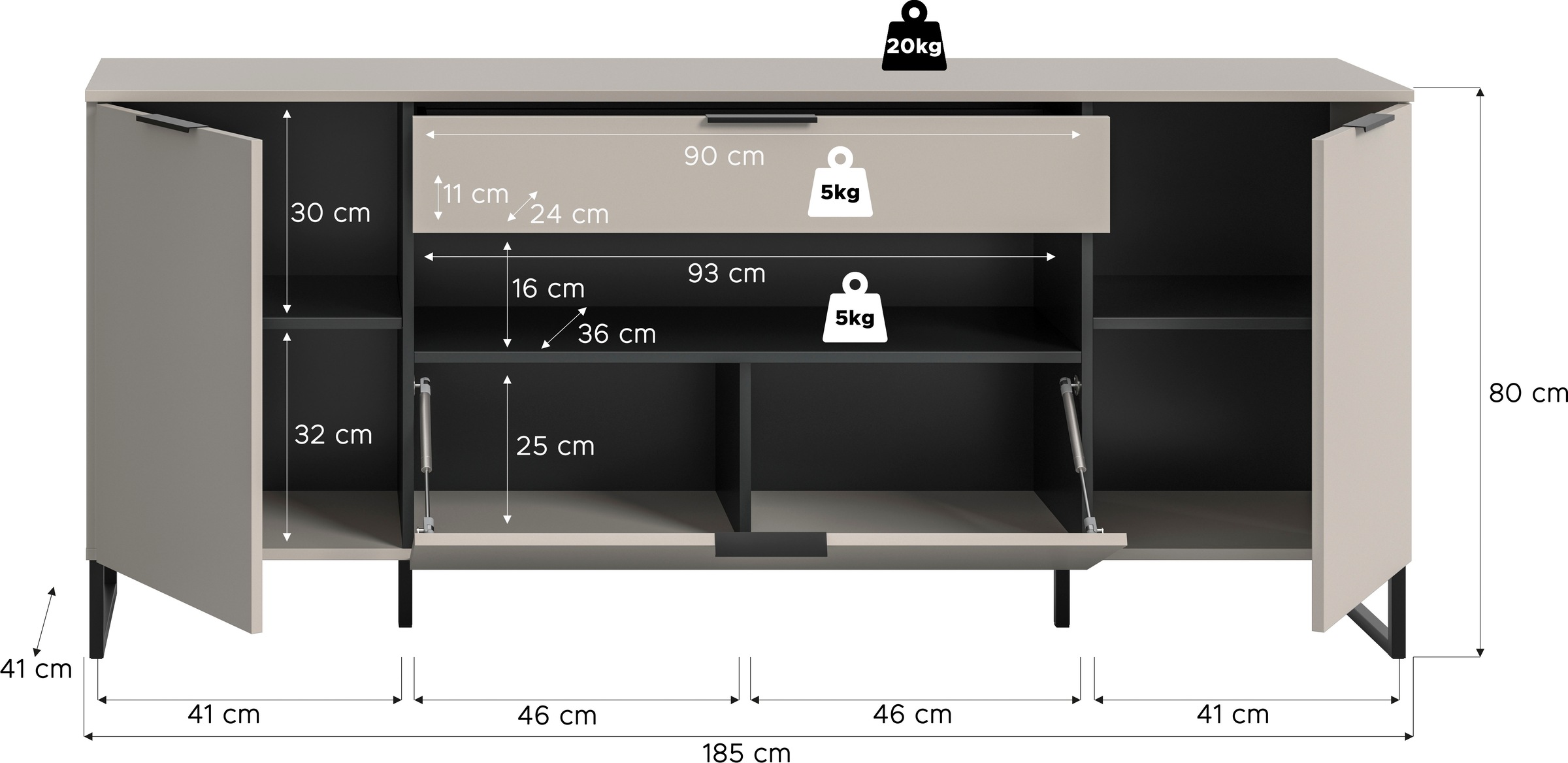 INOSIGN Sideboard »Adio, Sideboard, 185 cm Breite«, (1 St.), Adio, Sideboard, Kashmir NB,2 Türen,1 Schublade,1 Klappe,offenes Fach