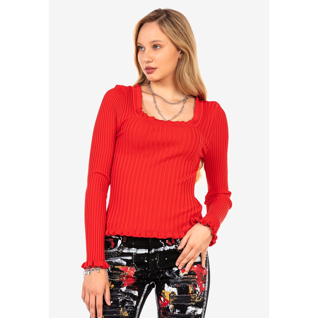 Damenmode Pullover Cipo & Baxx Strickpullover, mit gewelltem Rundhalsausschnitt rot