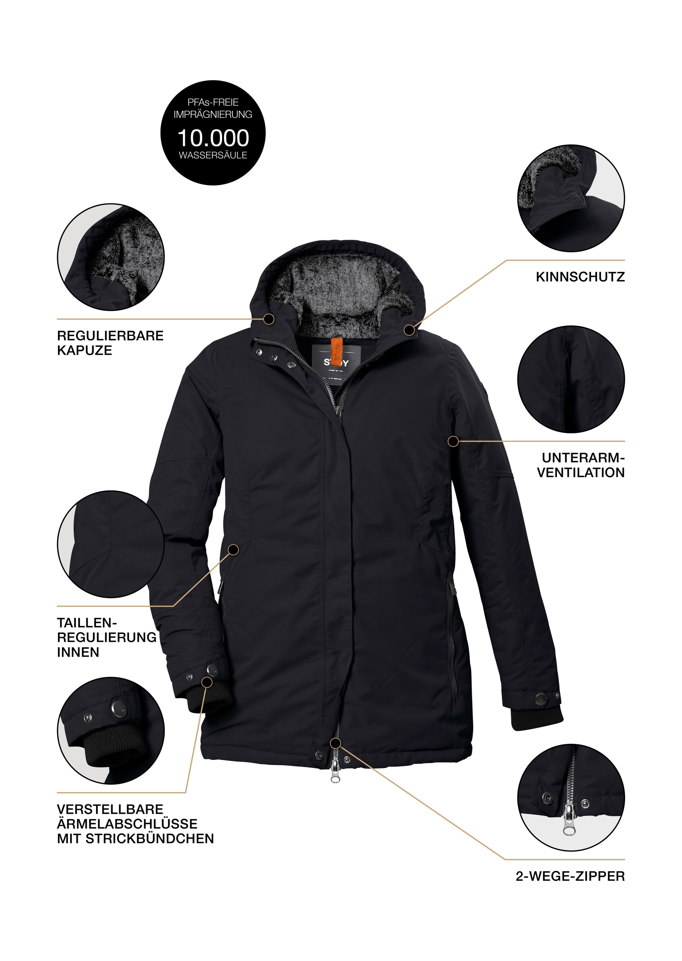 STOY Funktionsjacke »STW 4 WMN JCKT« Wasserdicht, atmungsaktiv, mit Teddy Fleece, abnehmb. Kapuze