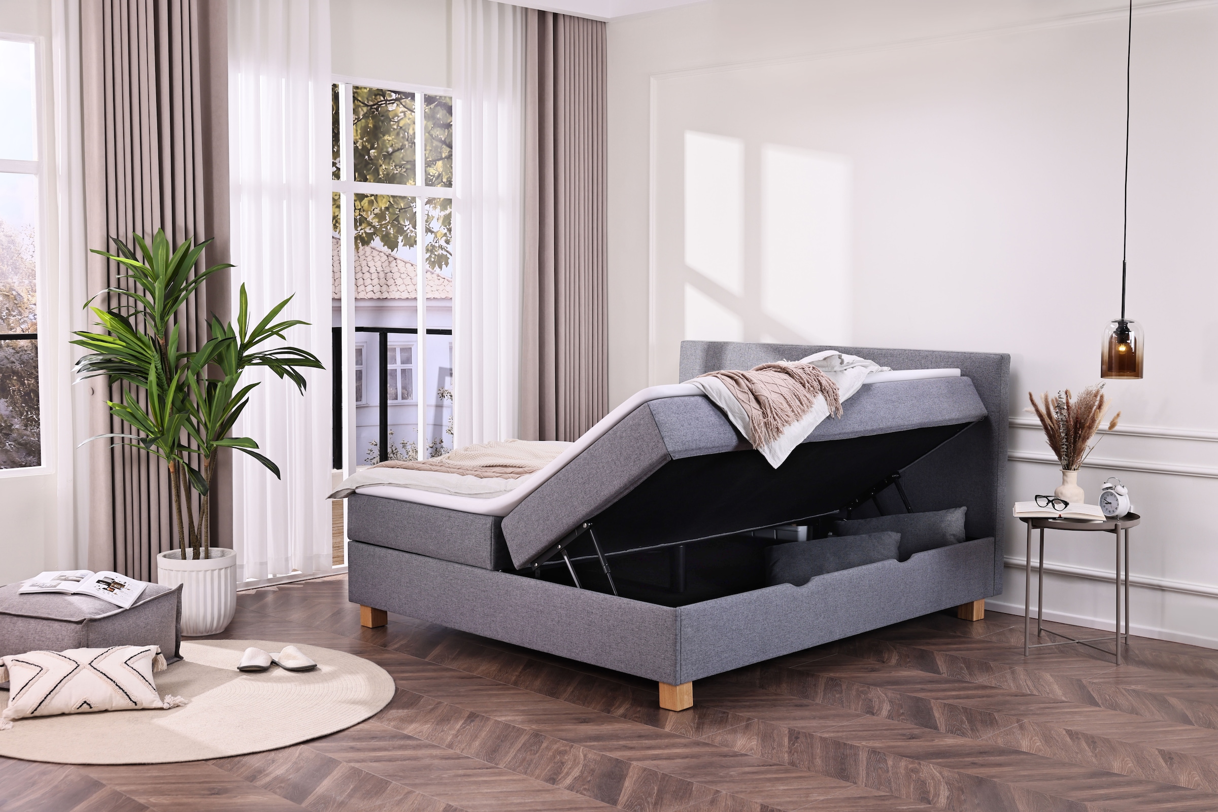 Home affaire Boxbett »Oyré inkl. Bettkasten, erhältlich in der Größe 180x200cm« mit Holzfüße in eichefarben