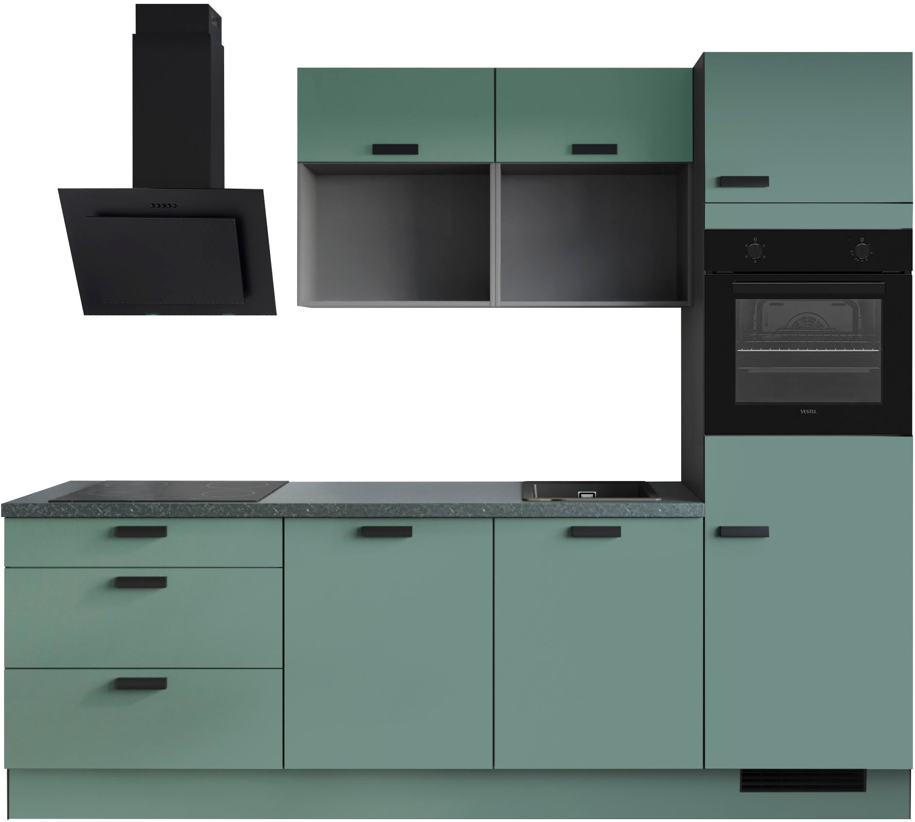 Küchenzeile IMPULS KÜCHEN, B:260cm H:222,06cm T:60cmküche: grün, front: thymian, korpus: grafit, arbeitsplatte: marmor grün, Komplettküchen-Sets,