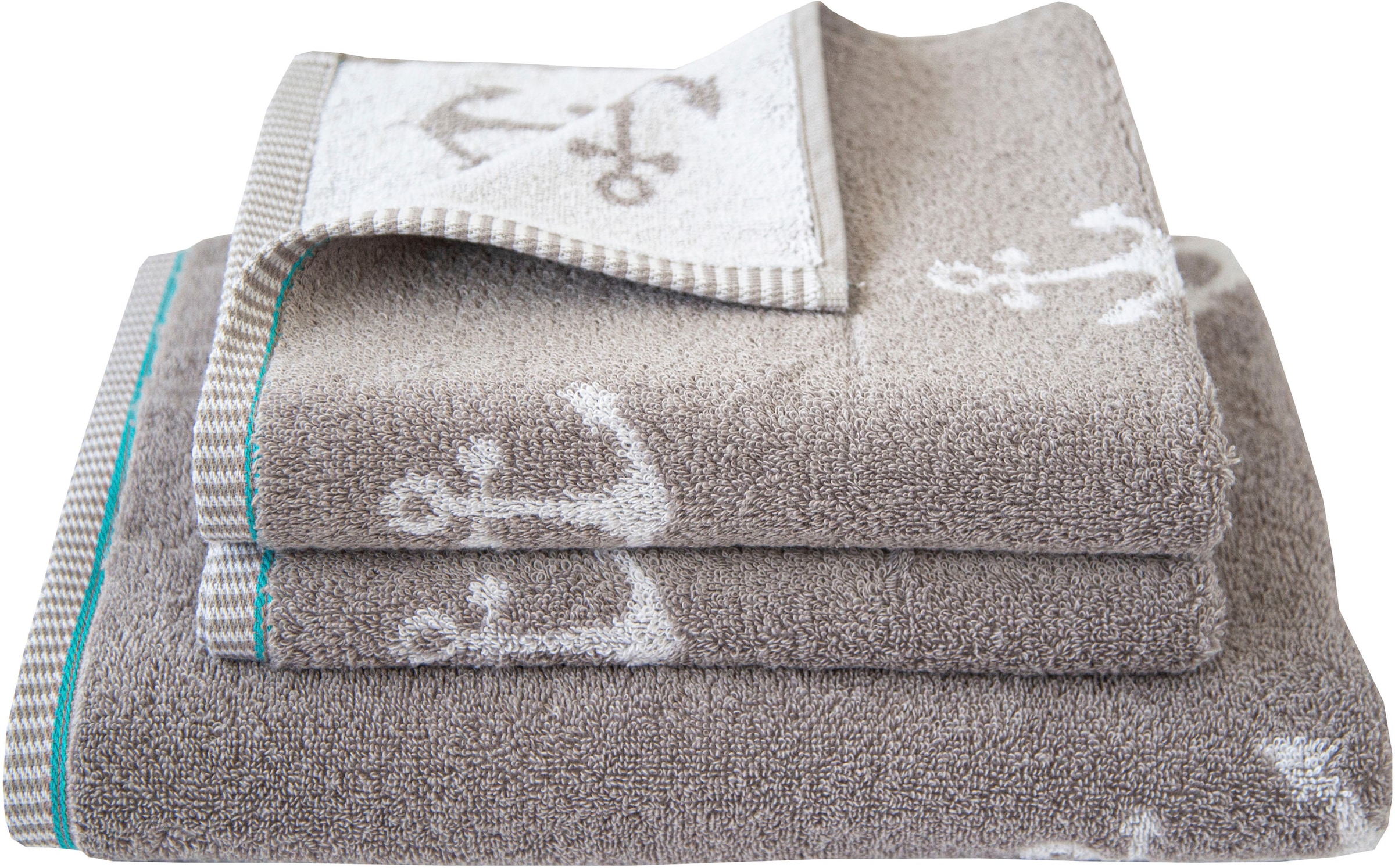 Handtuch Set DYCKHOFF, grau, Frottier, Obermaterial: 100% Baumwolle, Handtuch-Sets, "Maritim, Nautic", 2 Handtücher (50x100 cm), 1 Duschtuch (70x140