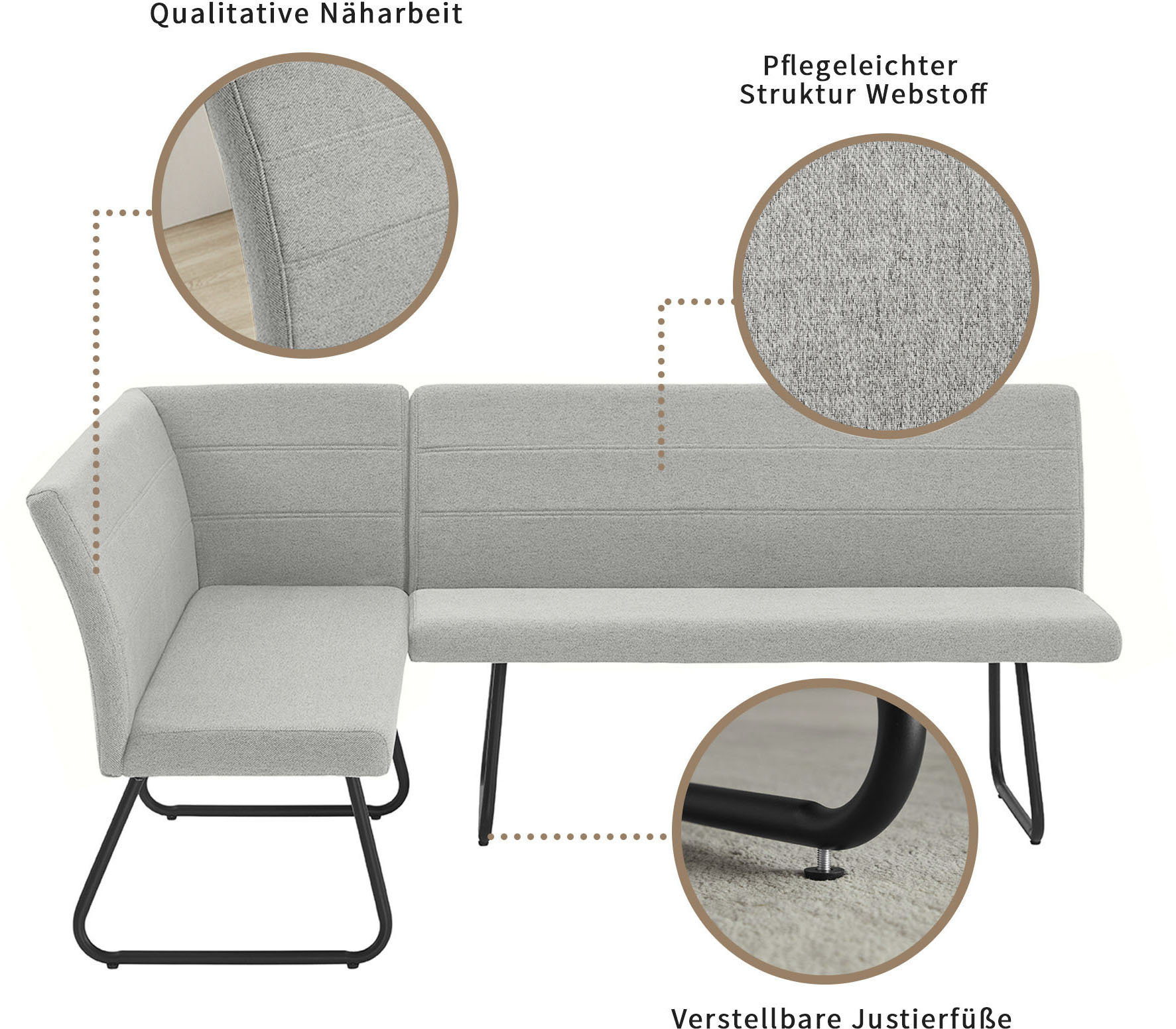 Thumbnail - OTTO home Eckbankgruppe "Stevian" Set, 1 ausziehbarer Esstisch + 1 Eckbank Recamiere links + 2 Stühle, 4 Stk. tlg. Holz,...