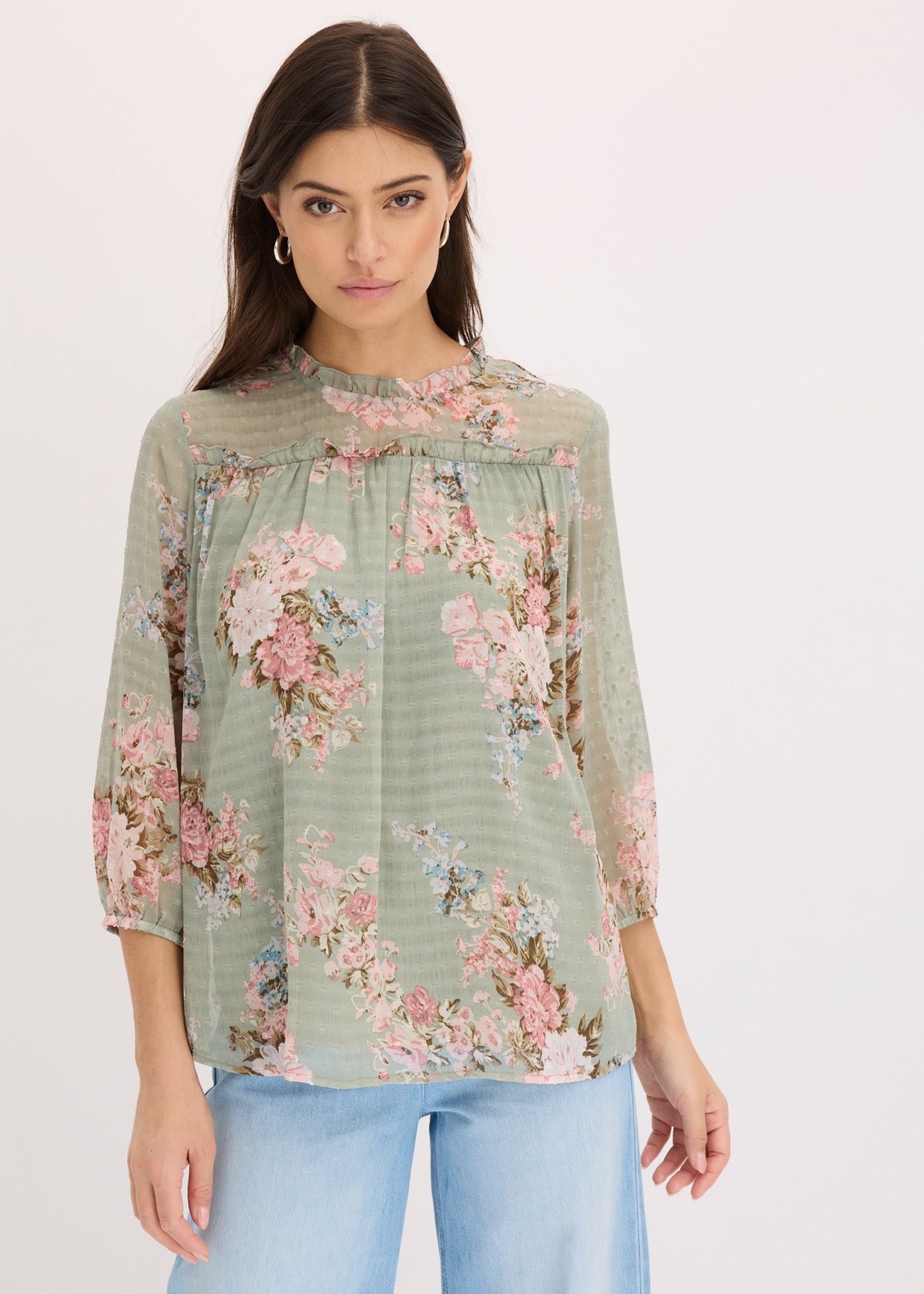 Tunika BONPRIX, Damen, Gr. 38, hellschilf geblümt, Obermaterial: 100% Polyester. Futter: 100% Polyester, ausgestellt, Tuniken, eleganter Stil, ausgestellte Passform, mit 3/4-Ärmeln