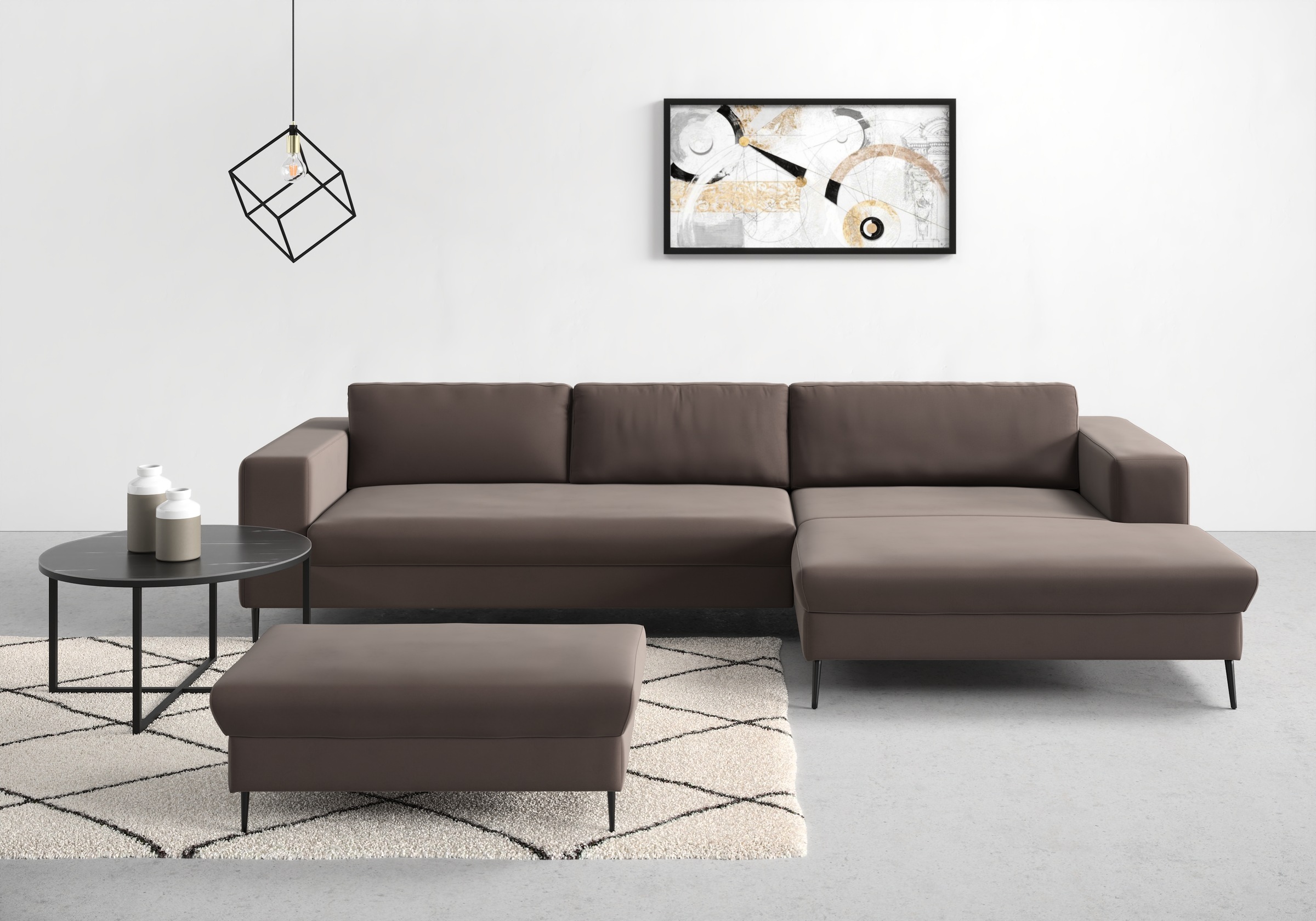 DOMO collection Ecksofa "Modica, zeitlos & elegant, Breite 329cm, hoher Fuß, bequem, L-Form" Auch in Cord, Fußhöhe passend für gängige Saugroboter