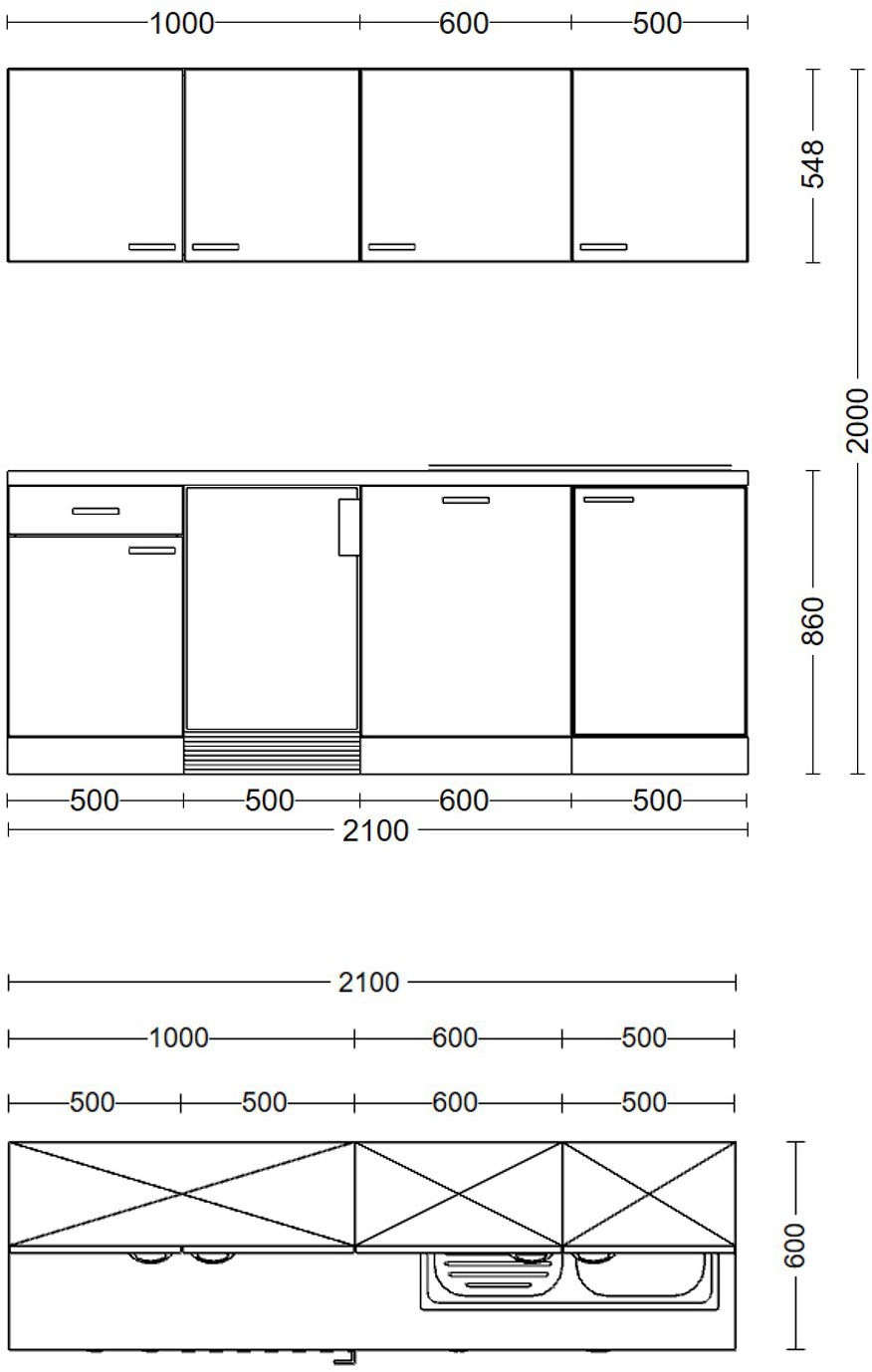 Flex-Well Küchenzeile »Kopenhagen, Breite 210 cm, inkl. Geschirrspüler«, Officeküche, wahlweise mit oder ohne Mikrowelle