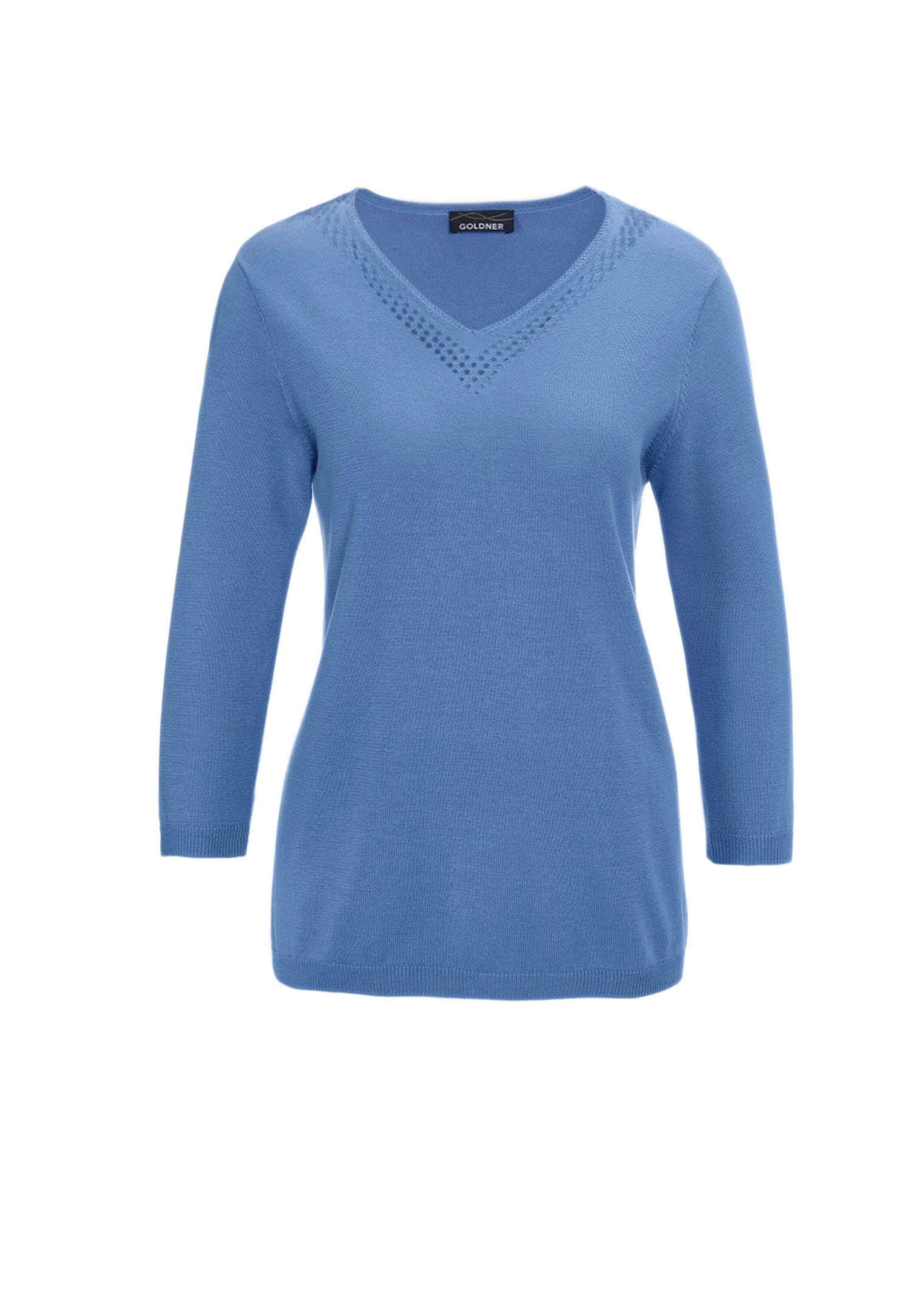 GOLDNER Rundhalspullover "Kurzgröße Baumwollpullover mit Ajour-Details" Mit hübschen Ajourdetails am V-Ausschnitt