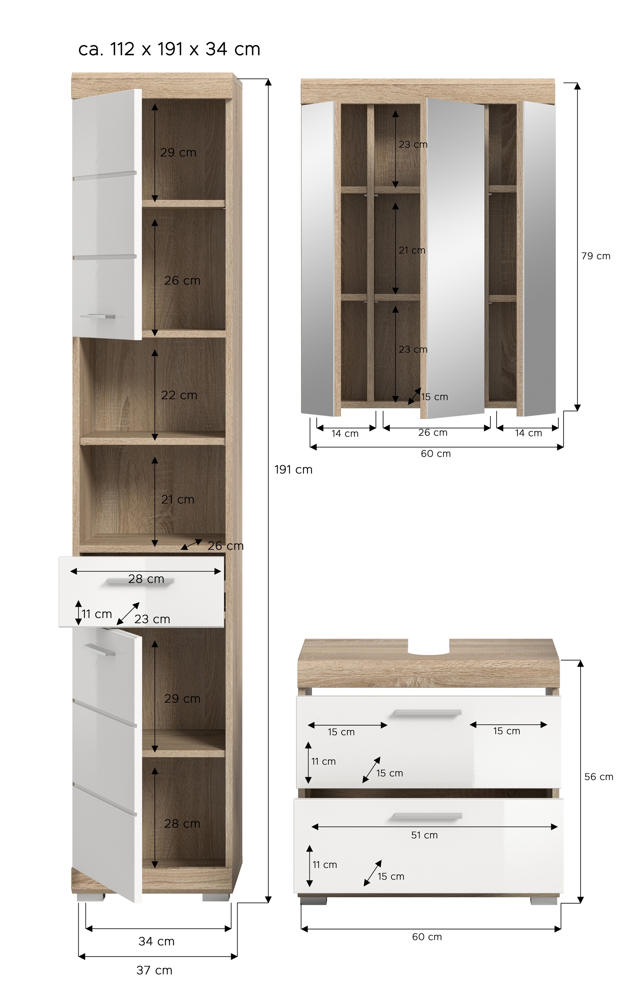 INOSIGN Badmöbel-Set »Siena, 3 teilig, bestehend aus:«, (Set), Hochschrank, Waschbeckenunterschrank, Spiegelschrank