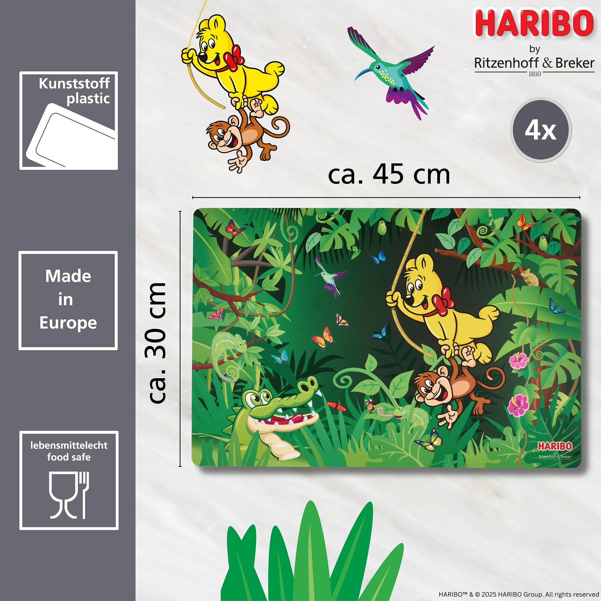 Ritzenhoff & Breker Platzset »HARIBO Jungle, 4-teilig, 45 x 30 cm«, (Set, 4 St.), rutschfest und abwischbar
