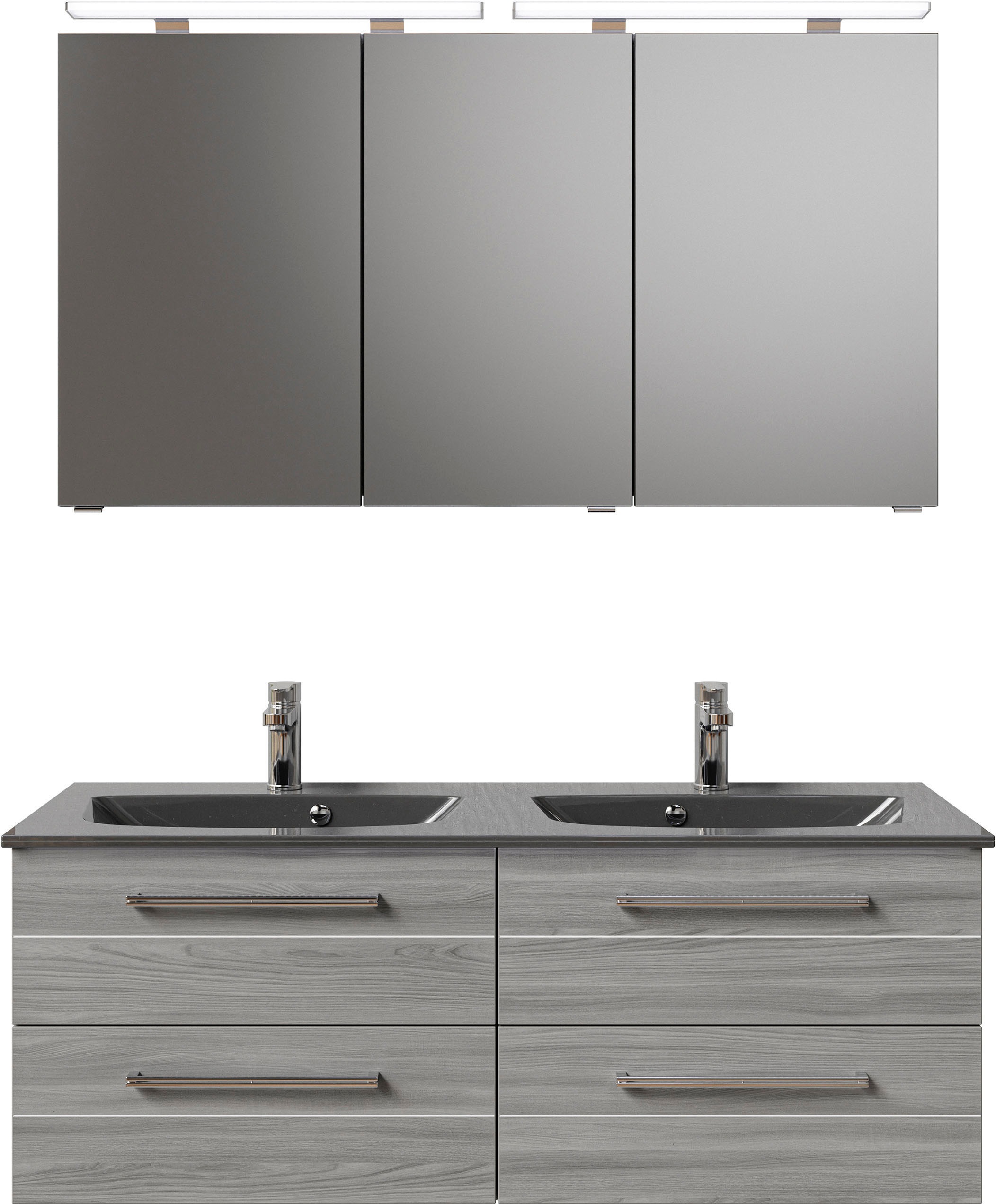 Saphir Badmöbel-Set »Serie 6025 2-teilig Mineralmarmor-Waschtisch mit LED-Spiegelschrank«, (2 St.), Waschplatz 132cm breit, 4 Schubladen, 2 Spiegel-Türen, inkl Türdämpfer