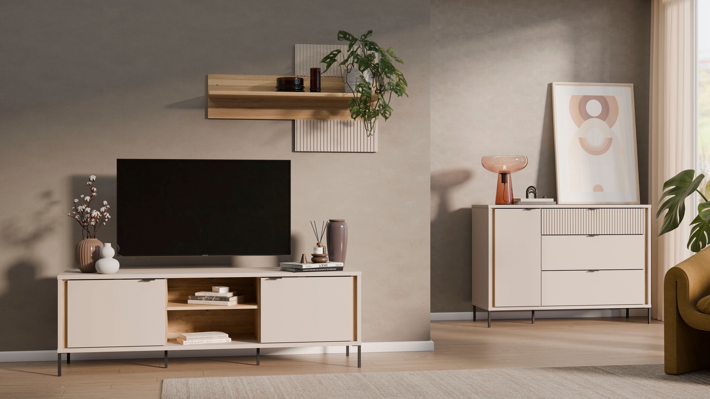 FORTE Sideboard »Forte Seravel Kommode 124 cm, Kashmir Beige/Mauvella Eiche« B/H/T 124,1/87,2/41,5 viel Stauraum, Lamellenoptik