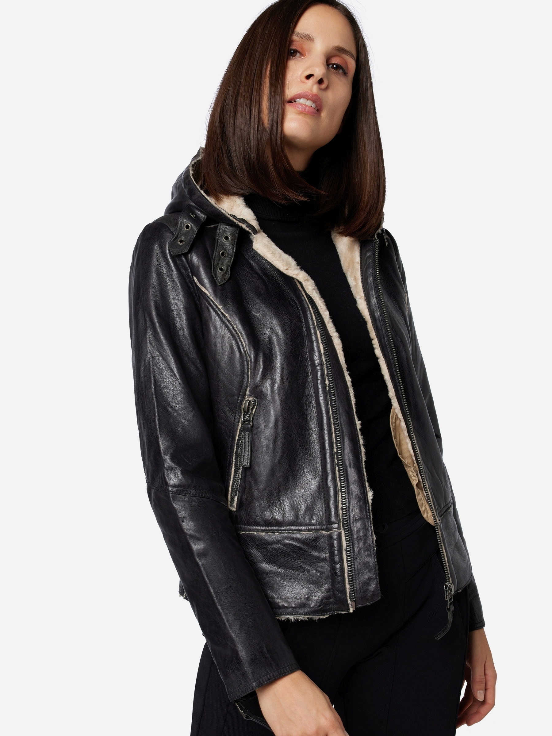 RICANO Bikerjacke »Lederjacke Julie« mitKapuze Handgefertigt aus echtem Leder