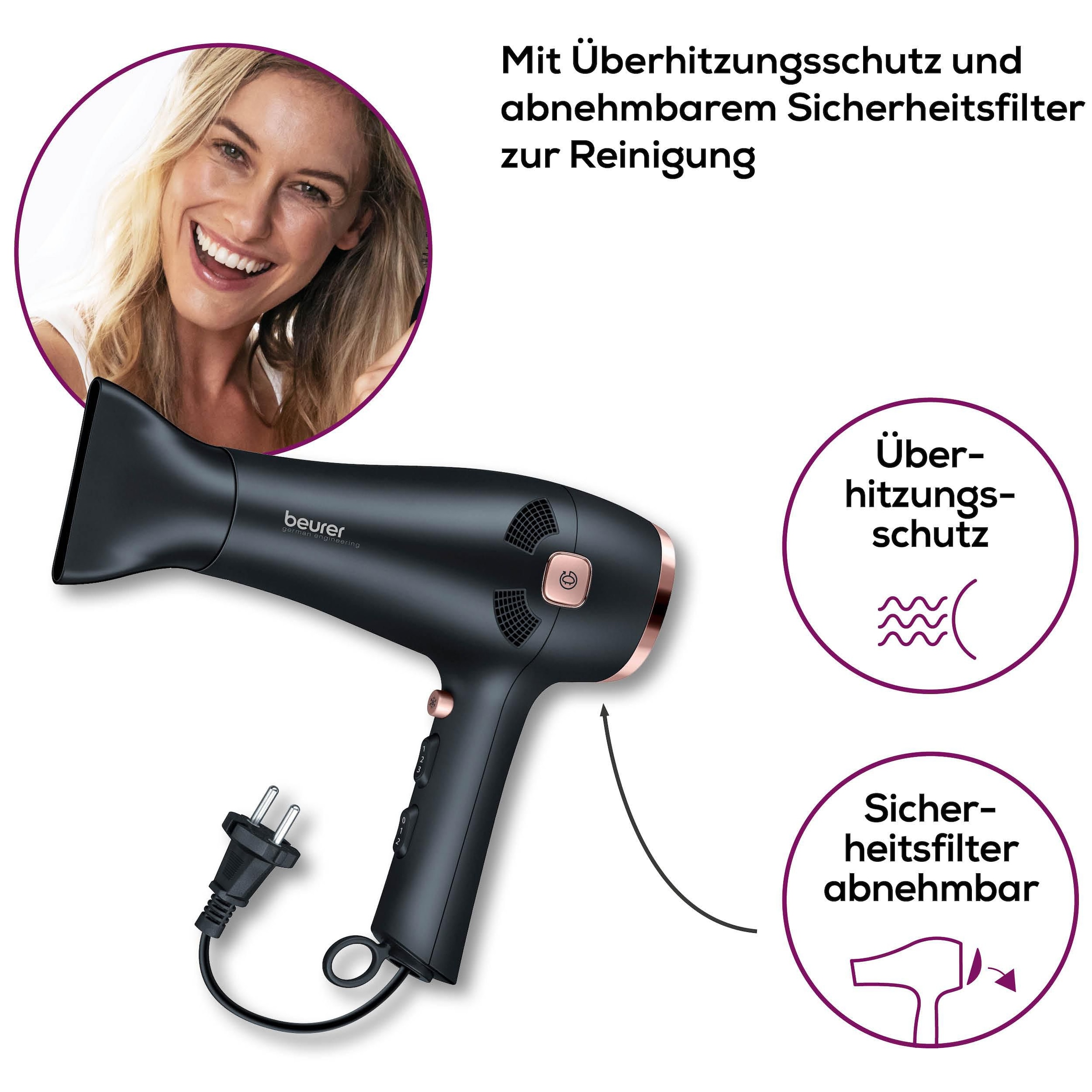 BEURER Haartrockner »HC 55, mit Kabeleinzugfunktion und leistungsstarken 2200 Watt«, 2 Aufsätze, Ionenfunktion für geschmeidig glänzende Haare