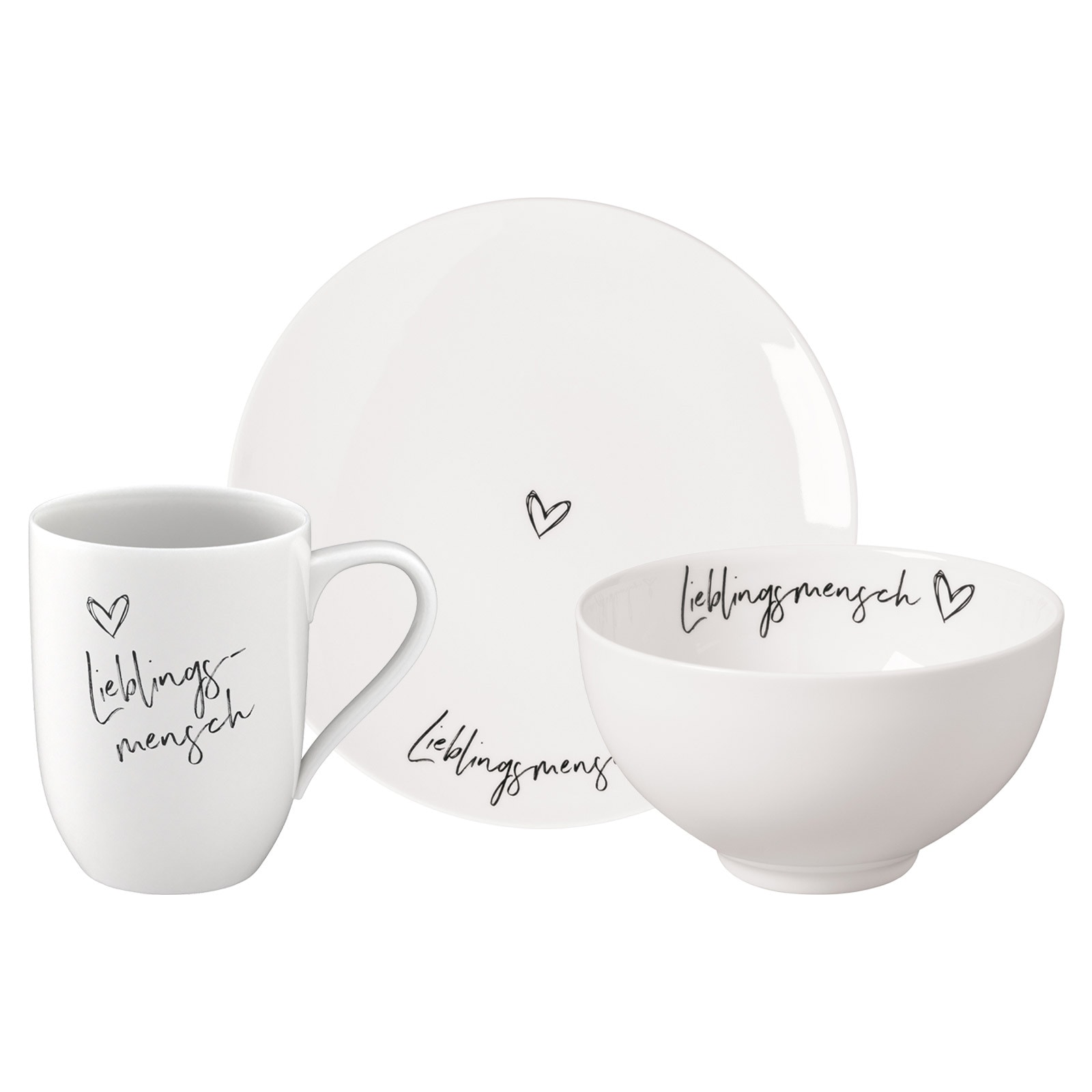 Villeroy & Boch Geschirr-Set "Frühstücks-Set Lieblingsmensch Statement 3er Set weiß" Spülmaschinengeeignet, Mikrowellengeeignet