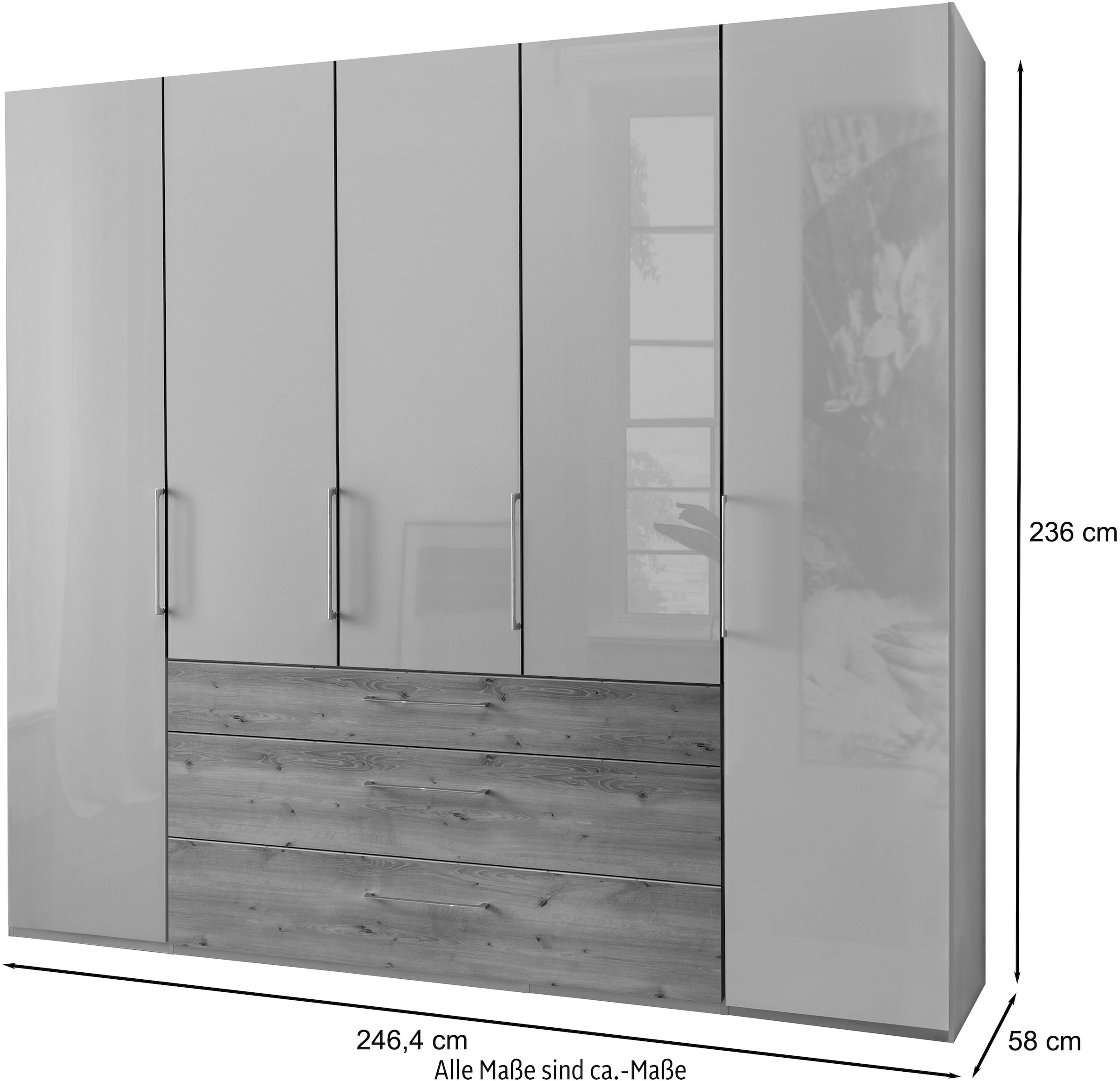 WIEMANN Kleiderschrank »Metz«, hochwertige Glasfront inkl. Schubkästen im Holzfarbton