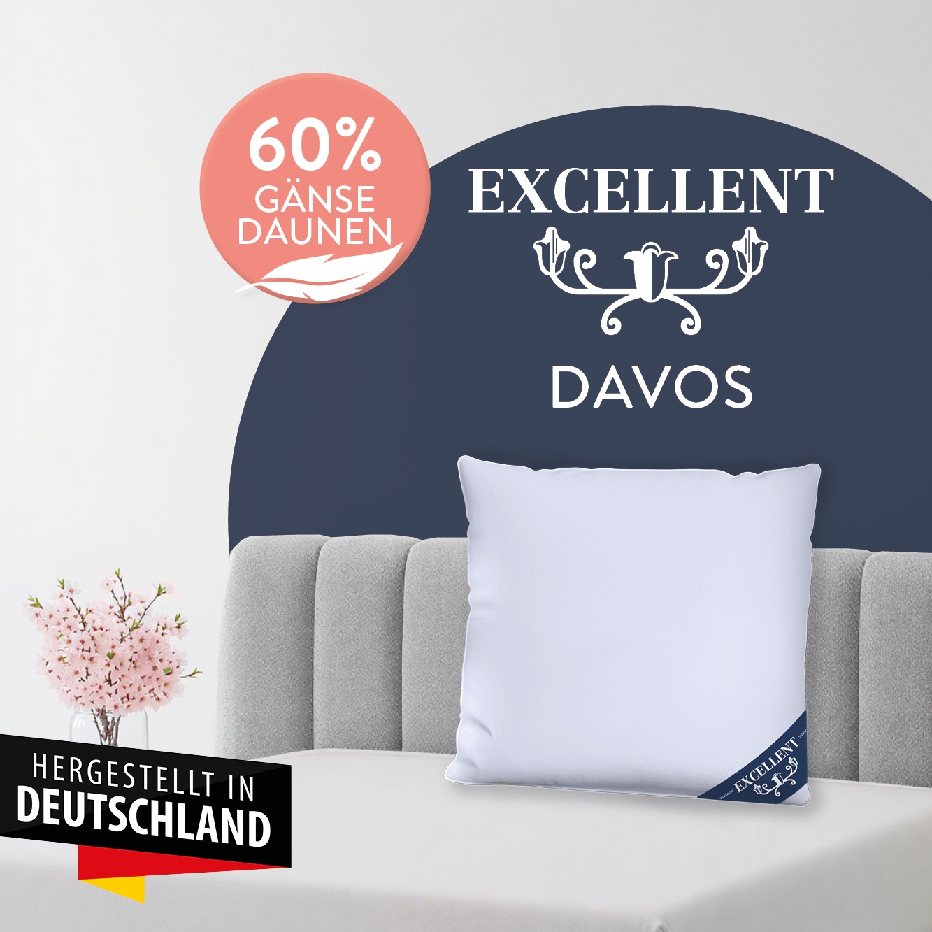 Excellent 3-Kammer-Kopfkissen "Davos Dreikammerkissen in den Größen 40x80 und 80x80 cm erhältlich." Füllung: 60%Gänsedaunen, 40% Gänsefedern (Außenkammer) 1 Stk. tlg. hergestellt in Deutschland, allergikerfreundlich