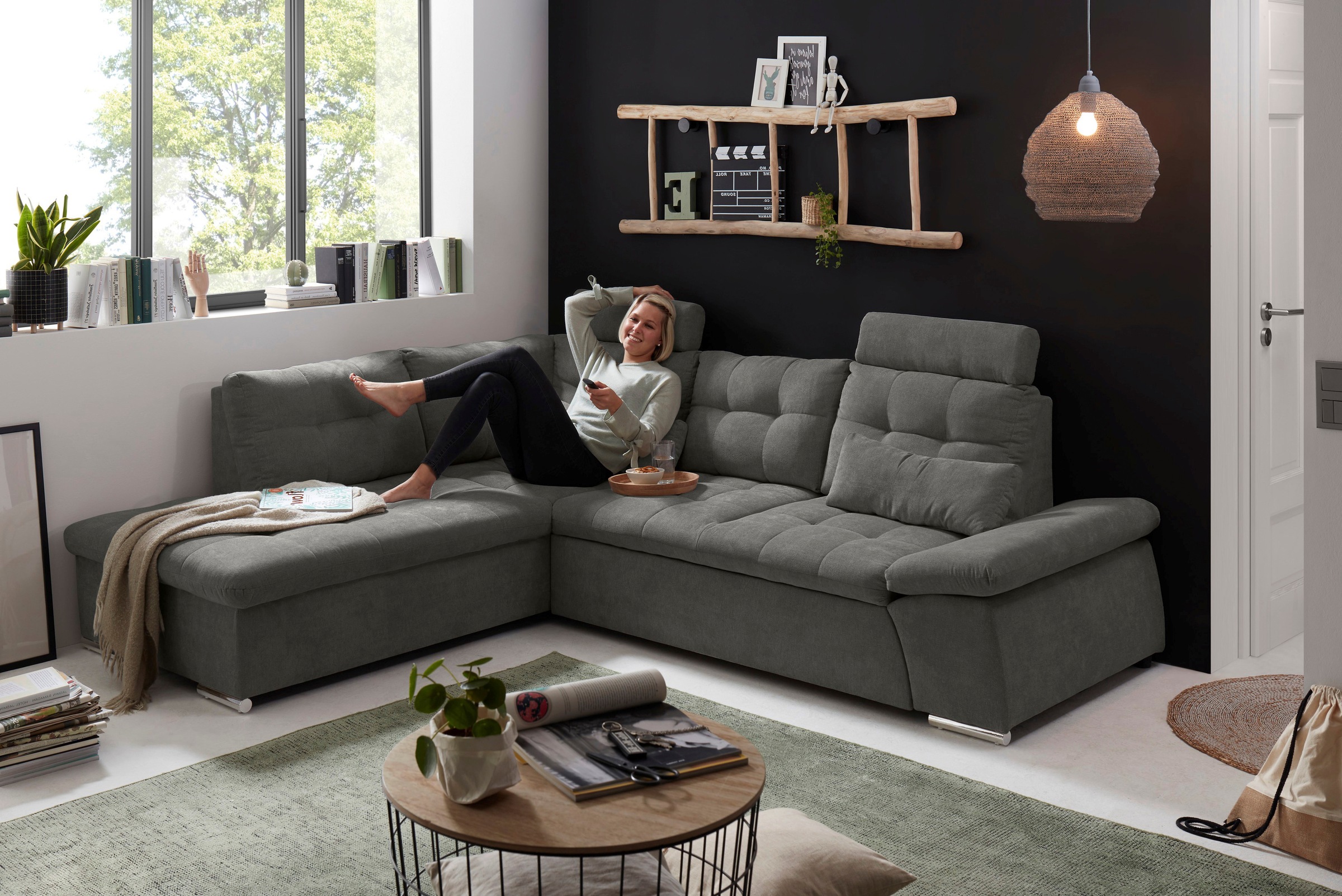 ED EXCITING DESIGN Ecksofa »Nalo L-Form«, mit Bettfunktion, Bettkasten, Kopfstützen, Nierenkissen etc.