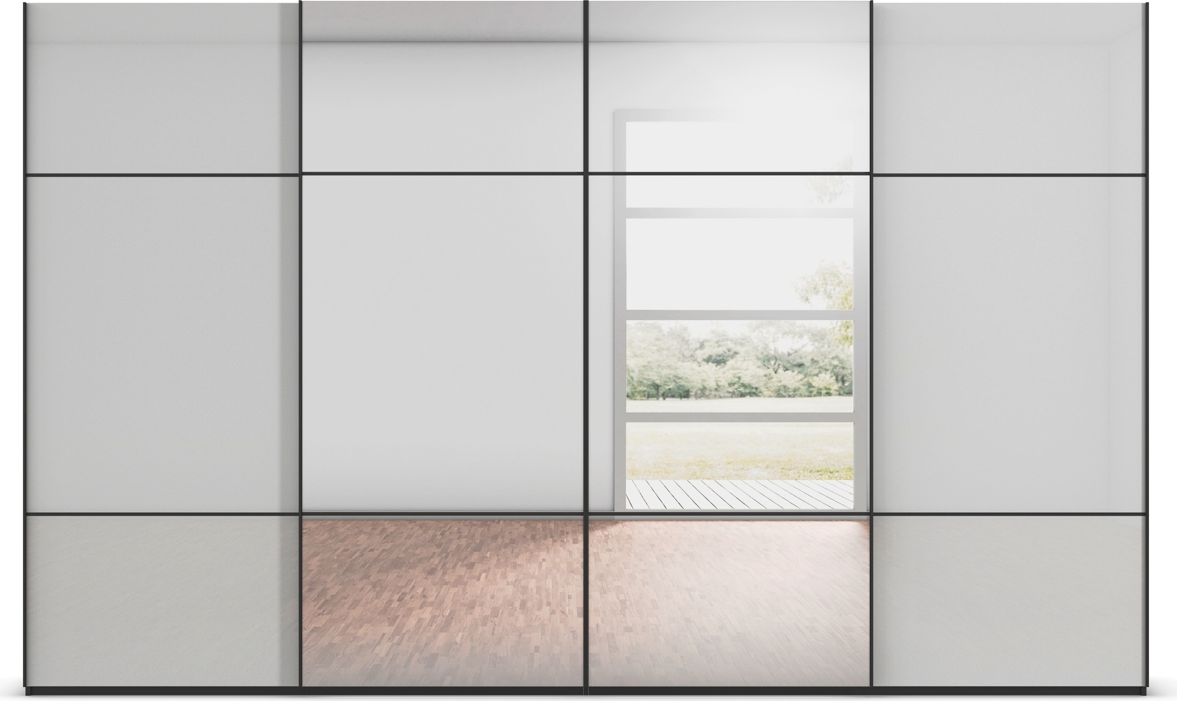 rauch Schwebetürenschrank »Kleiderschrank Schrank Garderobe Schlafzimmerschrank SCALE-TRIO«, edle dreigeteilte Front mit 2 Zierleisten Spiegel/Glas MADE IN GERMANY