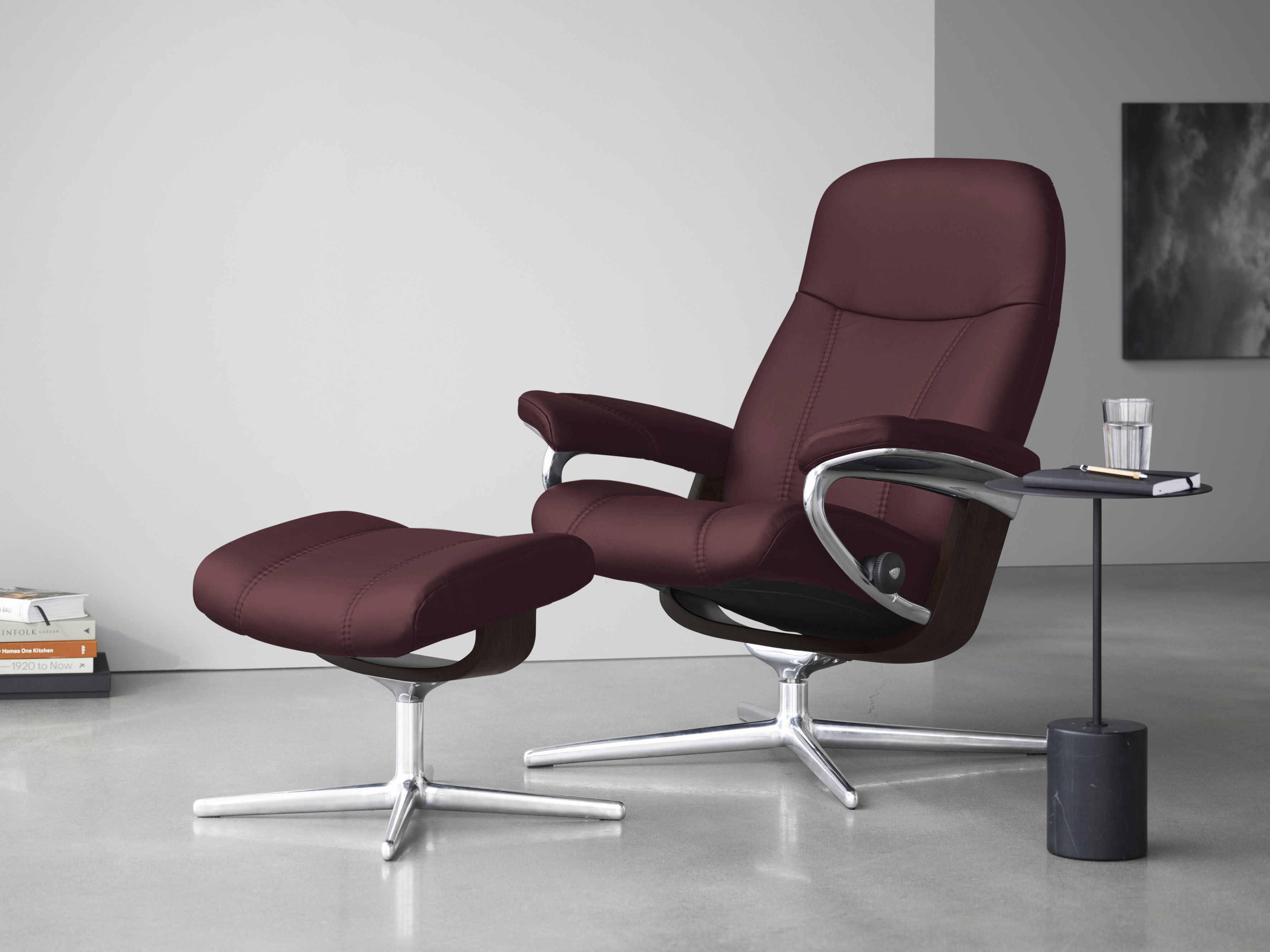 Stressless Relaxsessel "Consul" Set, Relaxsessel mit Hocker, mit Hocker, mit Cross Base, Größe S, M & L, Holzakzent Braun