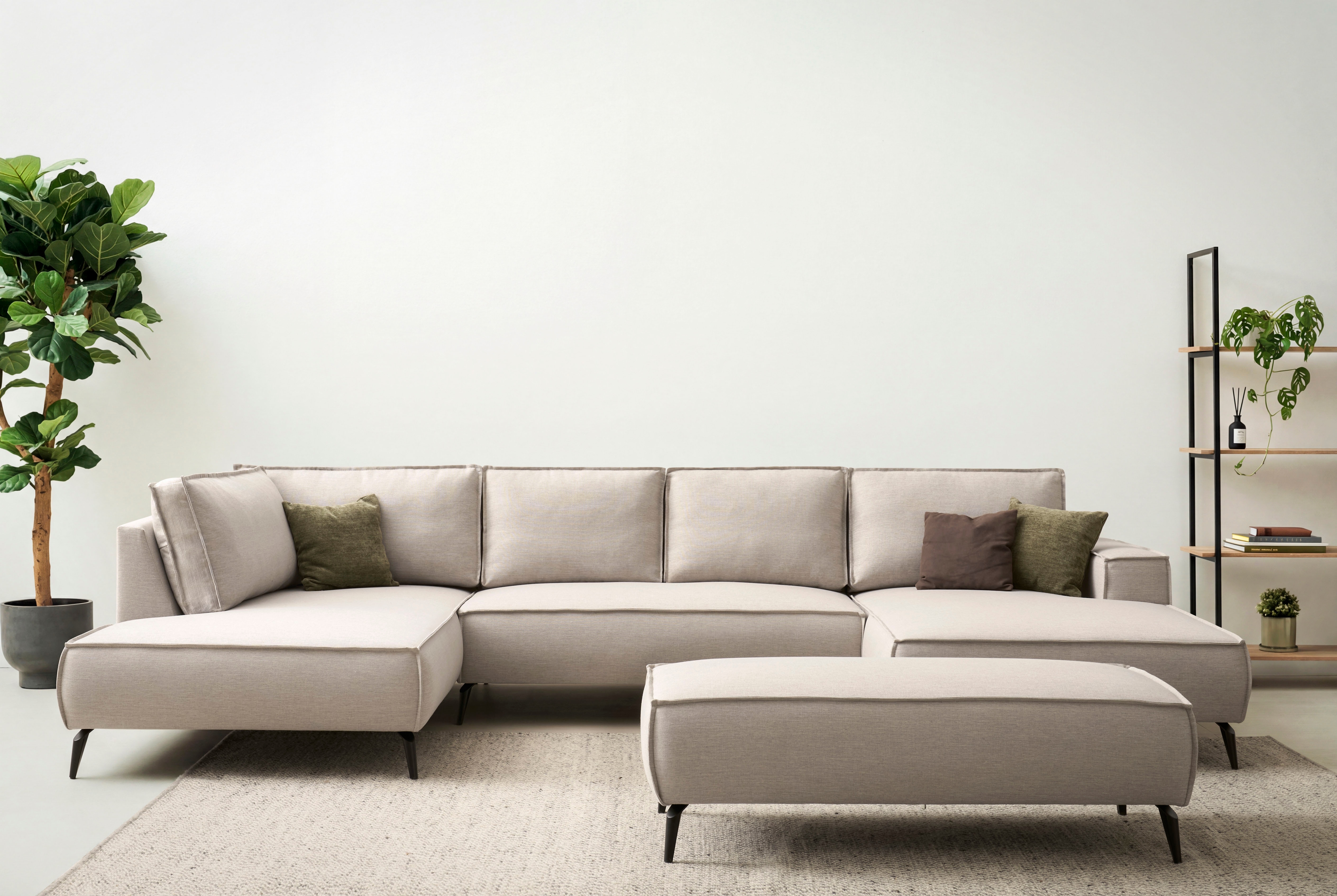 OTTO home Wohnlandschaft "TVINNU Leinenoptik, 354, mit Hocker" Recamiere rechts/links, stellbar zum Schlafsofa (Krokodilverbinder)