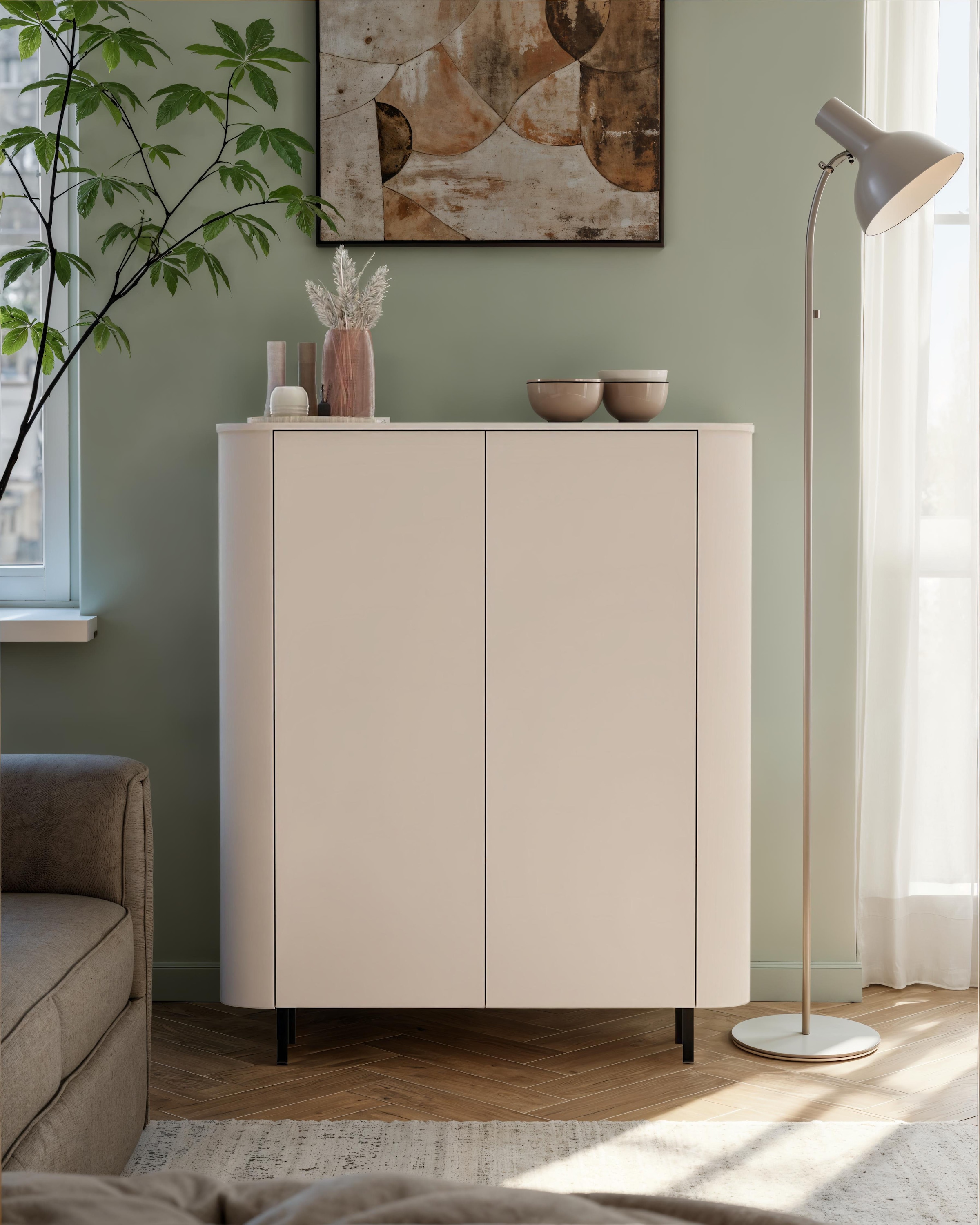 OTTO home Highboard "Lido Stauraumschrank Höhe 154 cm" Formgebogenes MDF, Stirnseiten mit Rundung, Push-to-open, Metallfüße
