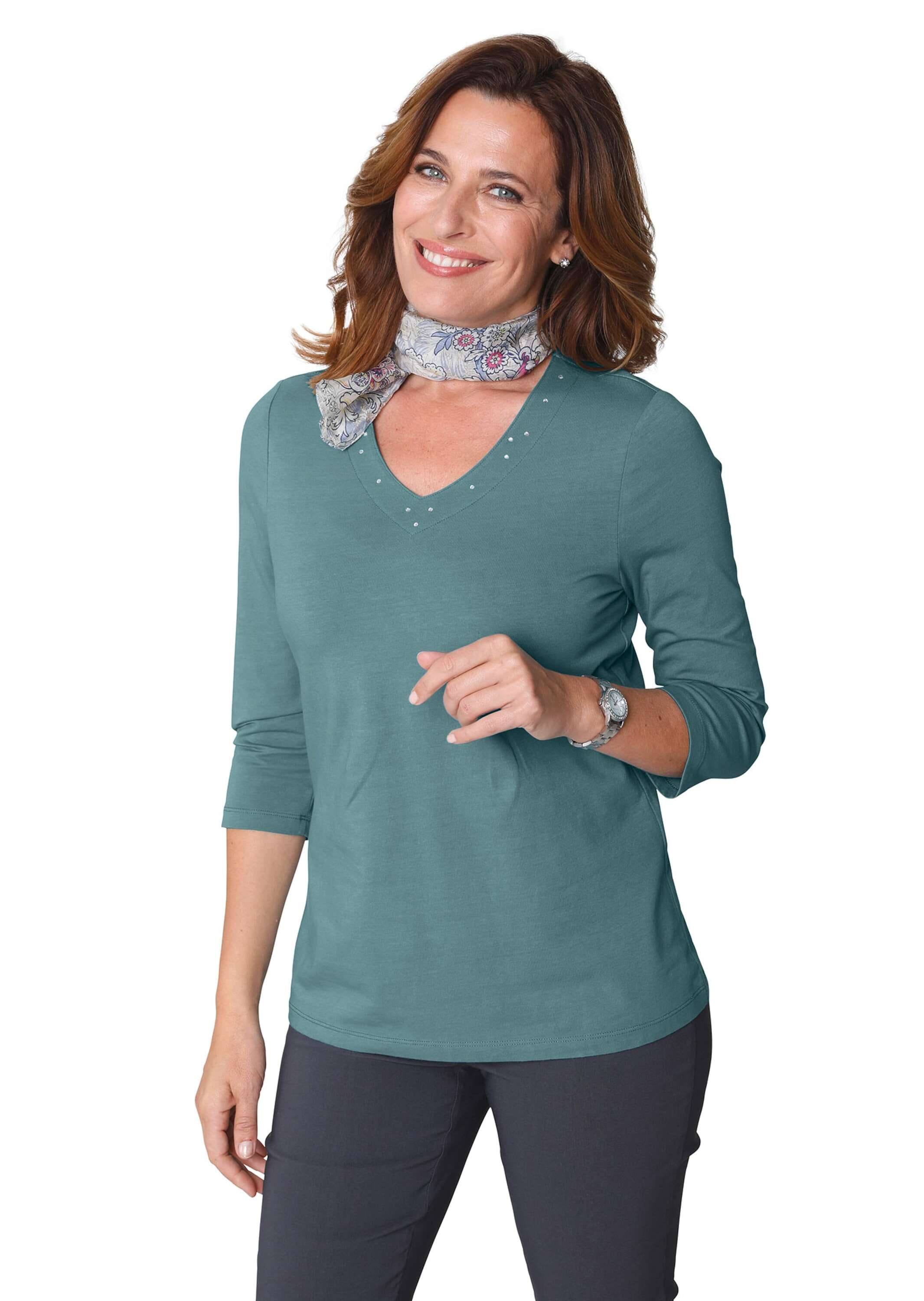 GOLDNER 3/4-Arm-Shirt »T-Shirt mit charmantem Ausschnitt und Schmucksteinchen«