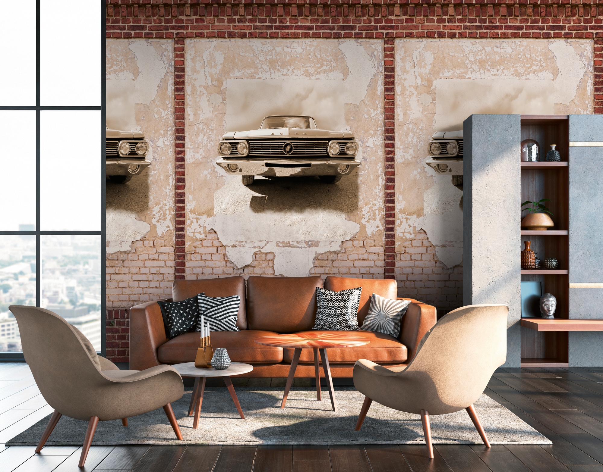 living walls Fototapete "Fototapete Steinoptik Graffiti Oldtimer" gemustert matt neutral glatt Steinwand Stein-Tapete Loft Industrial Tapeten Wohnzimmer modern Flur
