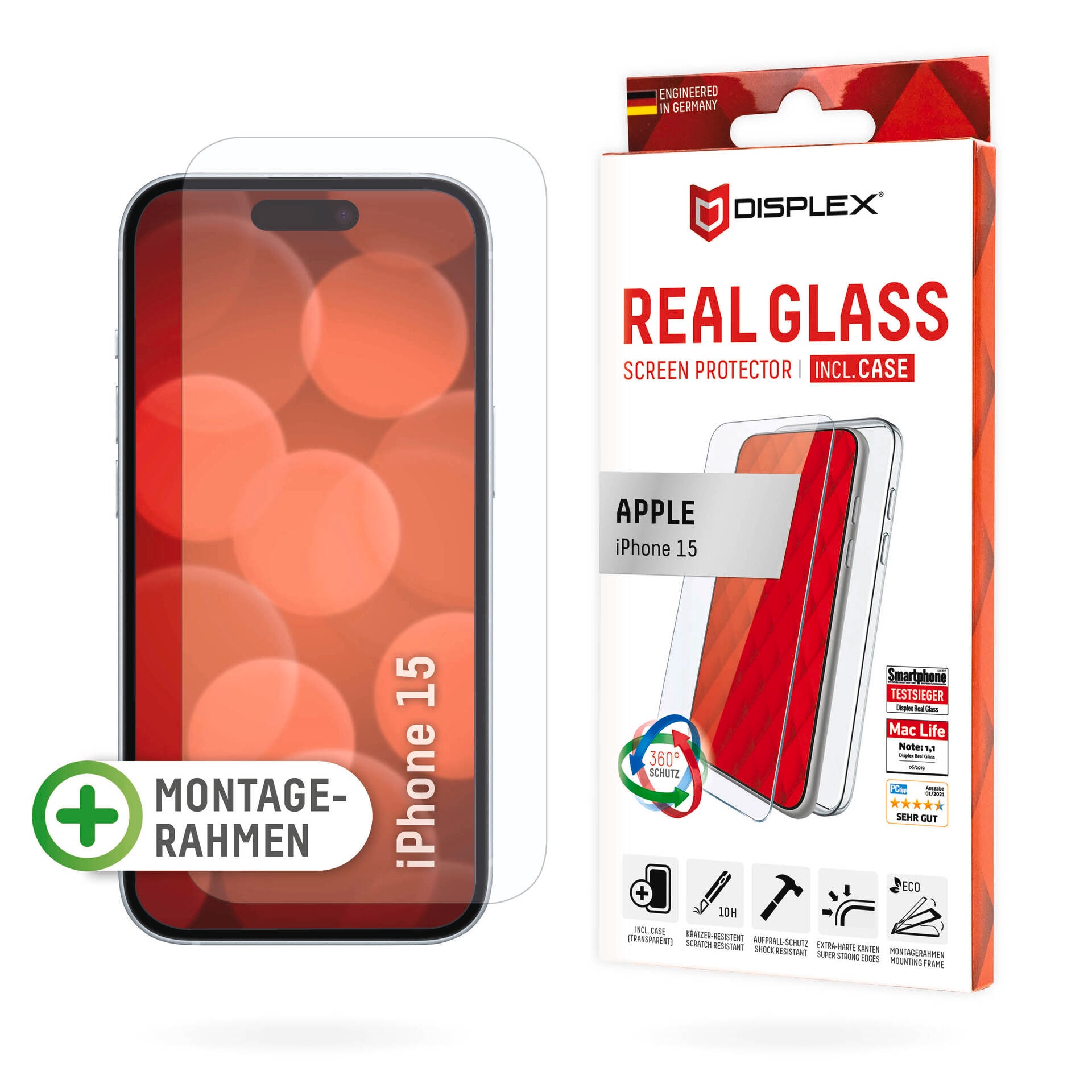 Displex Displayschutzglas »Real Glass + Case«, für Apple iPhone 15, Displayschutzfolie Displayschutz Rundumschutz 360 Grad splitterfest