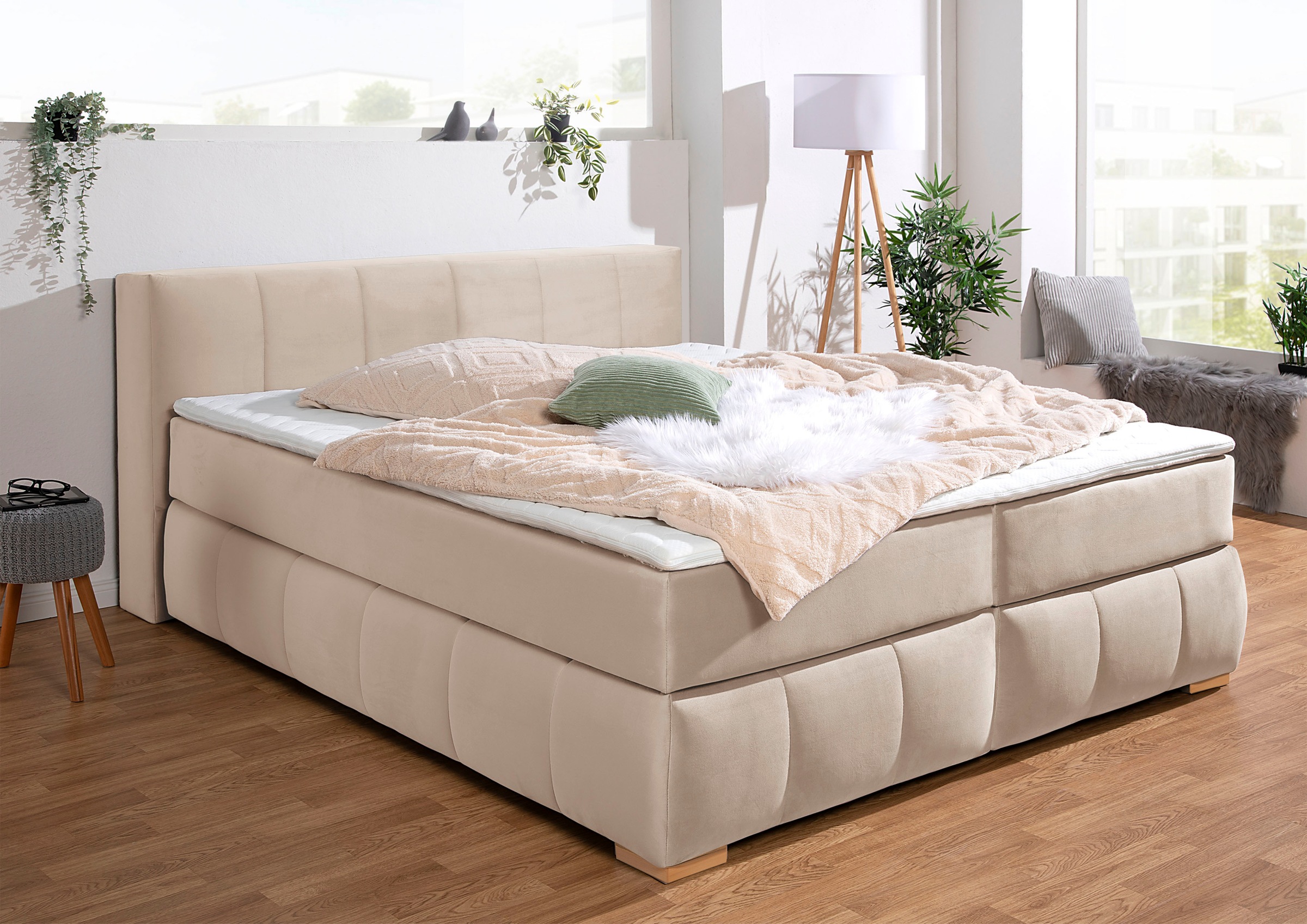 Boxspringbett HOME AFFAIRE "Chelles", beige, B:207cm L:245cm, Samtoptik (100% Polyester);Bezug der Spiegelfläche Matratzendrell aus 100% Polyester;Struktur fein 100% Polyester), Komplettbetten, Boxspringbett, inkl. Topper,, in XXL- Überlänge 220 cm, Unter 2