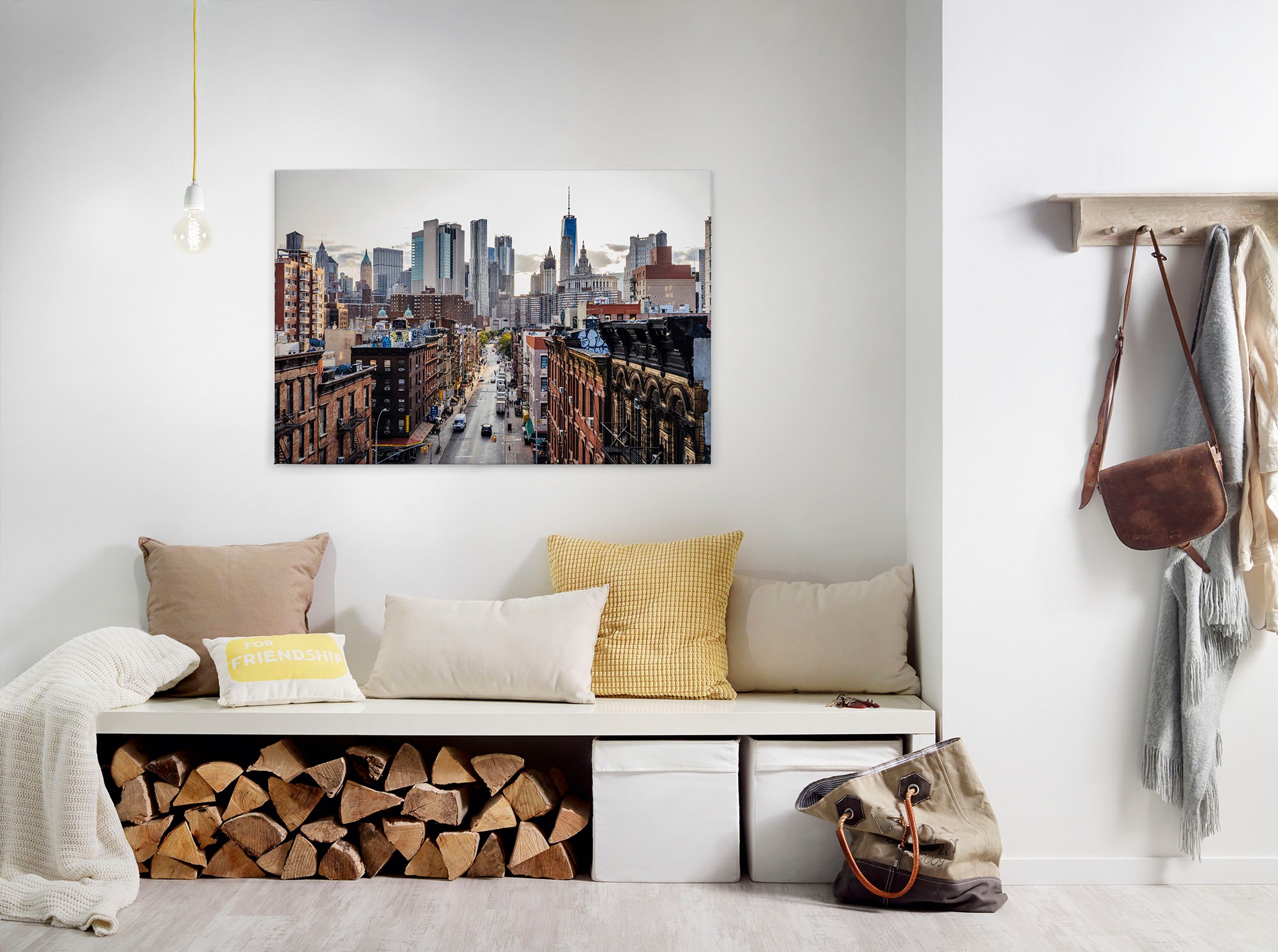 Leinwandbild A.S. CRÉATION, B:90cm H:60cm, grau, Holz, Stahl, Wohnzimmer, Bilder, "New York Views", Skyline Bild Keilrahmen Großstadt Leinwand-Bild