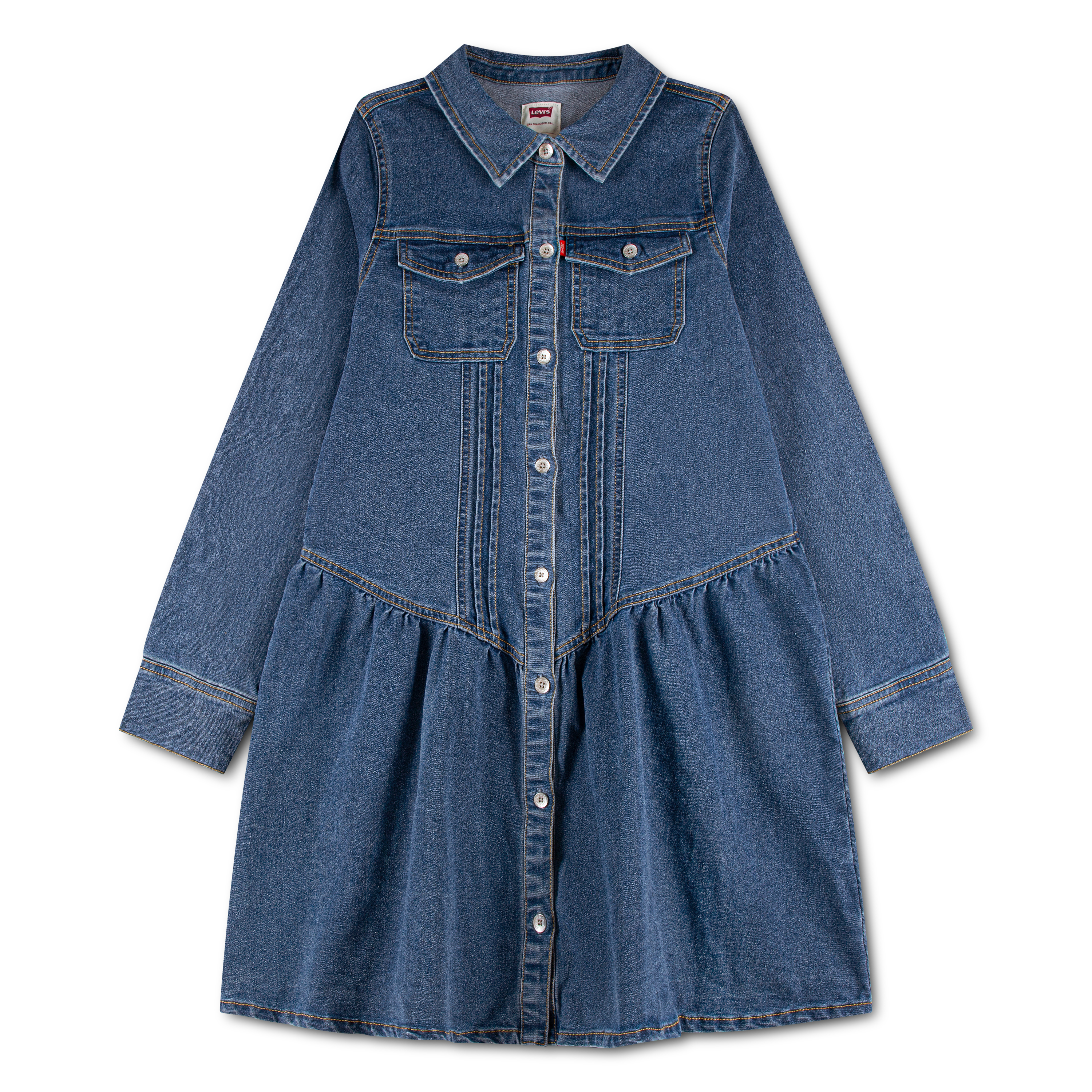 Levis Kids Jeanskleid "LVG LONG SLEEVE DROP WAIST DRE" Brusttaschen Durchgehender Knopfverschluss