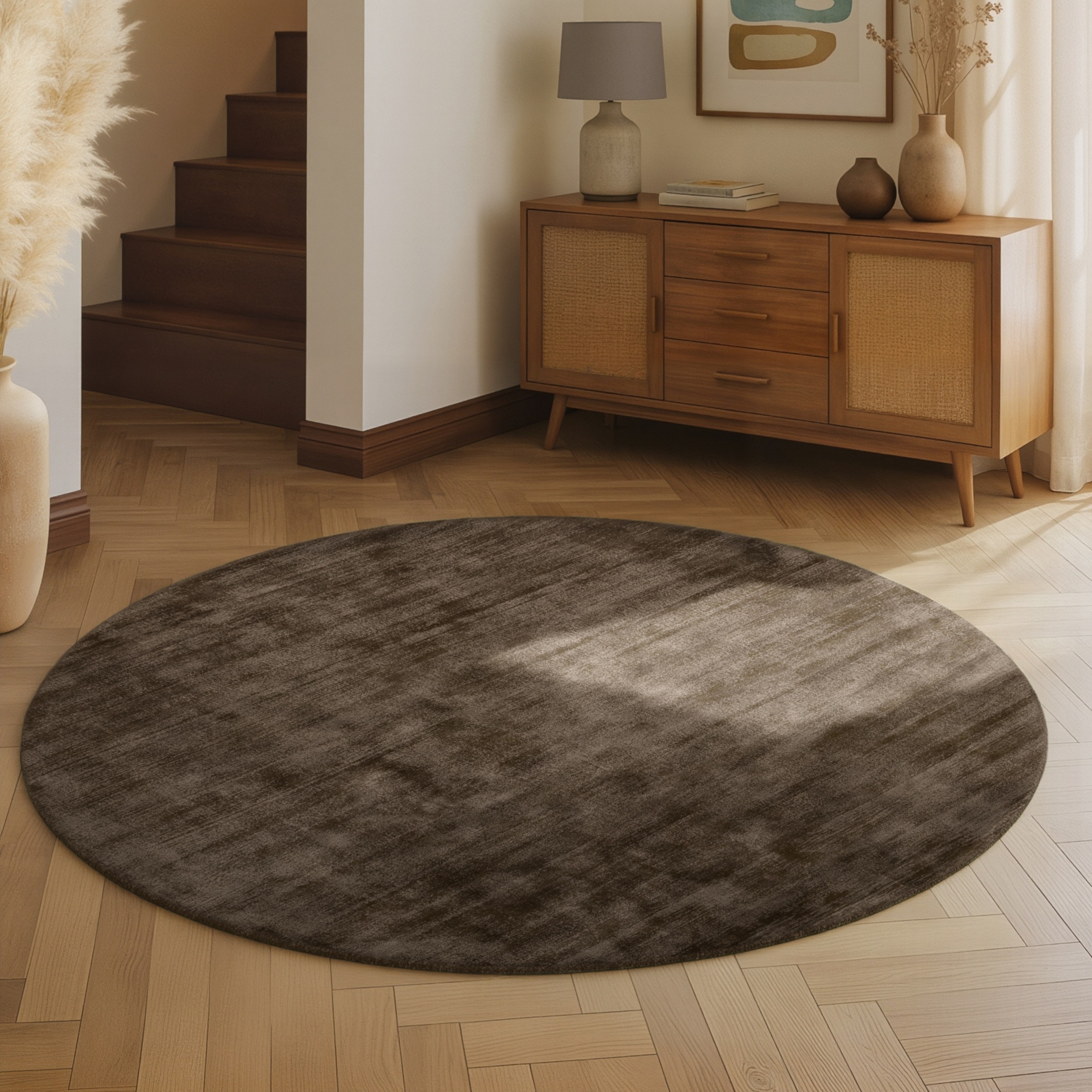 Teppich VIKOSA "Jane", braun, H:10mm Ø:200cm, Viskose, Teppiche, Teppich, Dezenter Glanz, Weich, Seidenoptik, Viskose, Wohnzimmer, Schlafzimmer