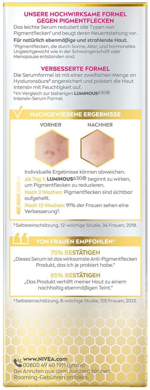 Nivea Gesichtsserum »LUMINOUS630 ANTI-PIGMENTFLECKEN Intensiv-Serum«, Mit Thiamidol und Hyaluronsäure, auch für sensible Haut geeignet.