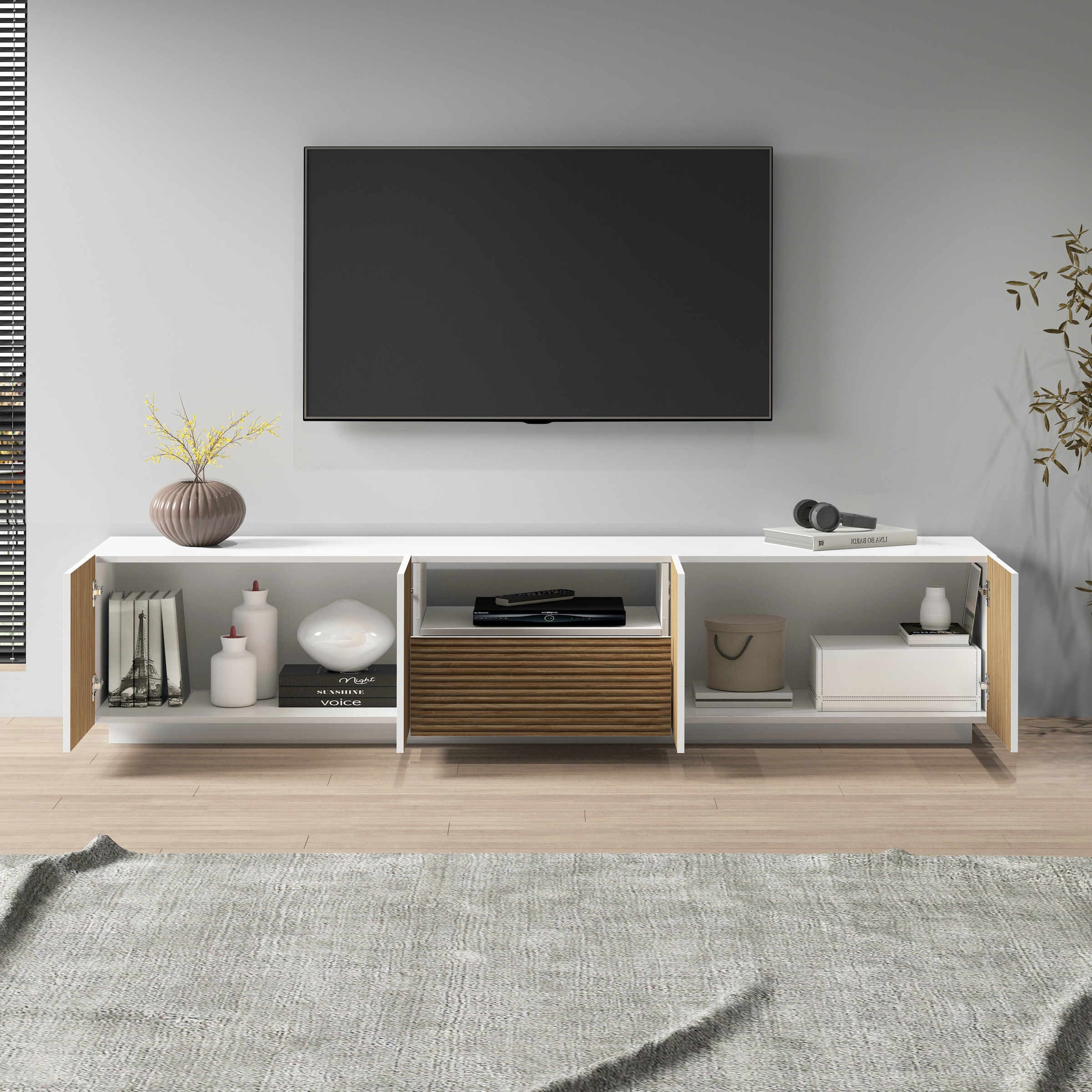 INOSIGN Lowboard »Vega,Lowboard,TV Board,TV Schrank,220 cm«, mit 4 Türen und 1 Schublade,Fronten mit Rillen-Optik