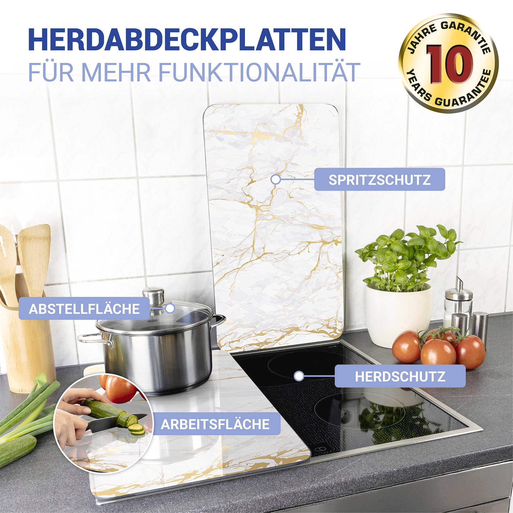 WENKO Herd-Abdeckplatte »Universal Modell Marmor Gold«, (Set, 2 tlg.), Herdabdeckung für alle Herdarten, kratzfest, mit rutschfesten Füßen