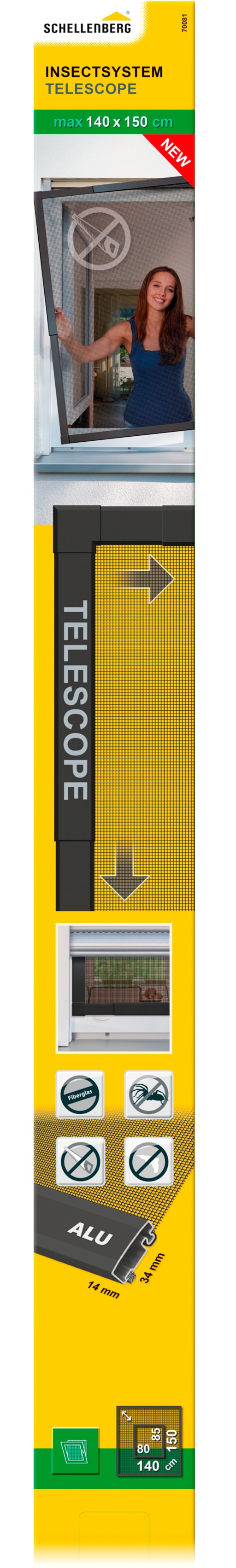 SCHELLENBERG Insektenschutz-Fensterrahmen "Telescope, ausziehbarer Insektenschutz-Rahmen" Set, 1 Stk. tlg. für Fenster bis max. 100 x 120 cm und 140 x 150 cm, anthrazit und weiß