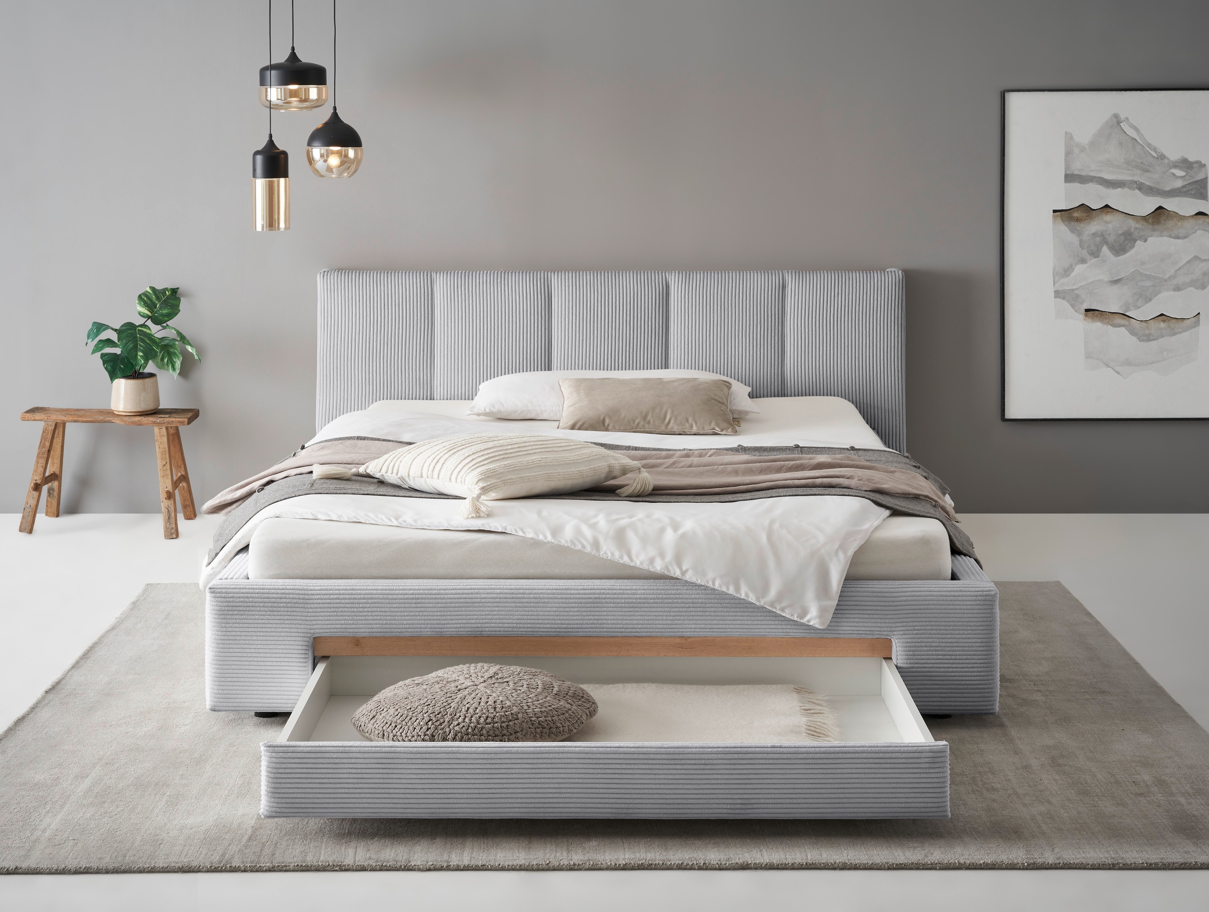 INOSIGN Polsterbett »CiTY/GiRON, Bettgestell mit Bettkasten, gepolstertes Stauraumbett«, mit Hundebett oder Stauraumschublade, Bezug Cord-oder Leinenoptik