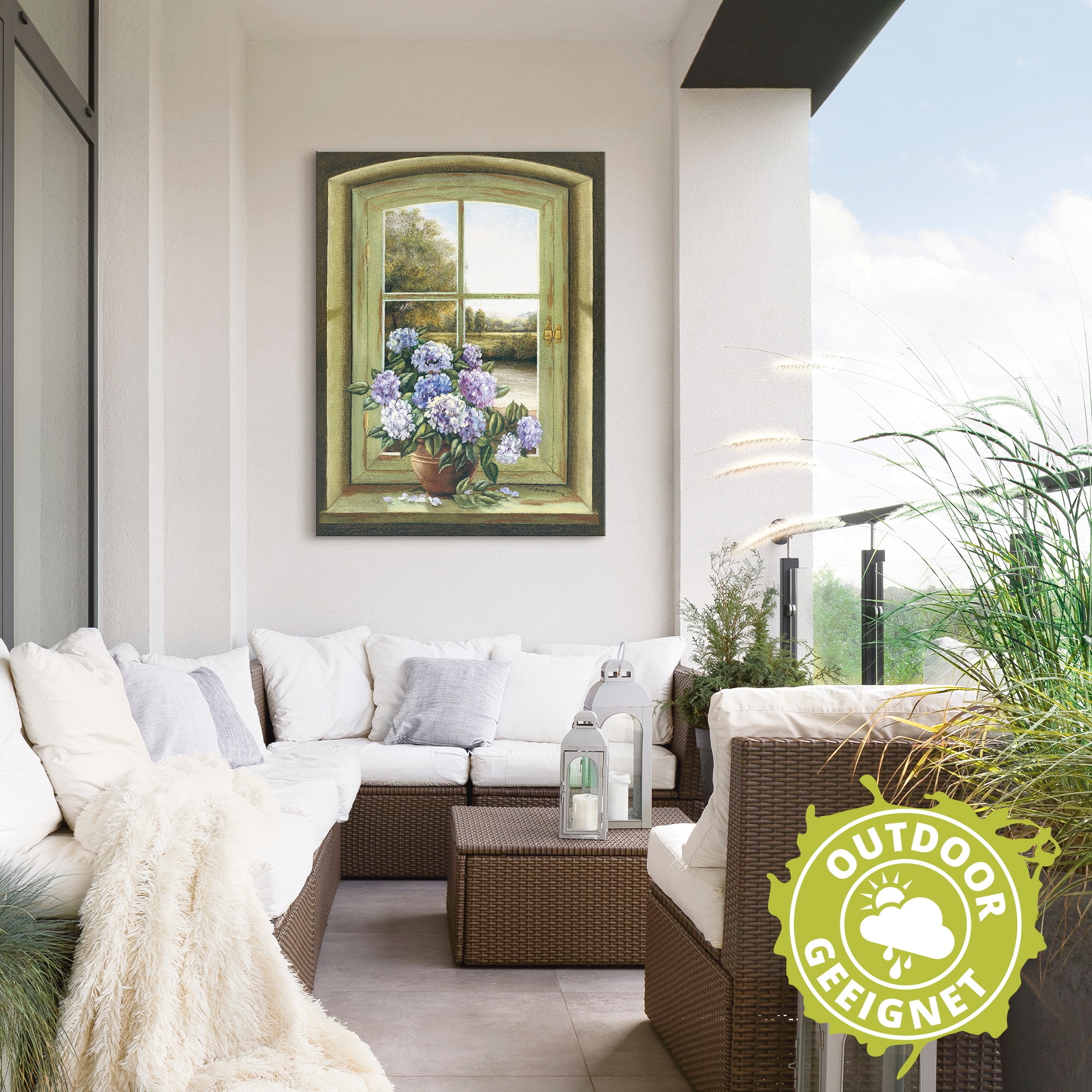 Artland Wandbild »Hortensien am Fenster«, Arrangements, (1 St.), als Alubild, Outdoorbild, Leinwandbild, Poster, Wandaufkleber