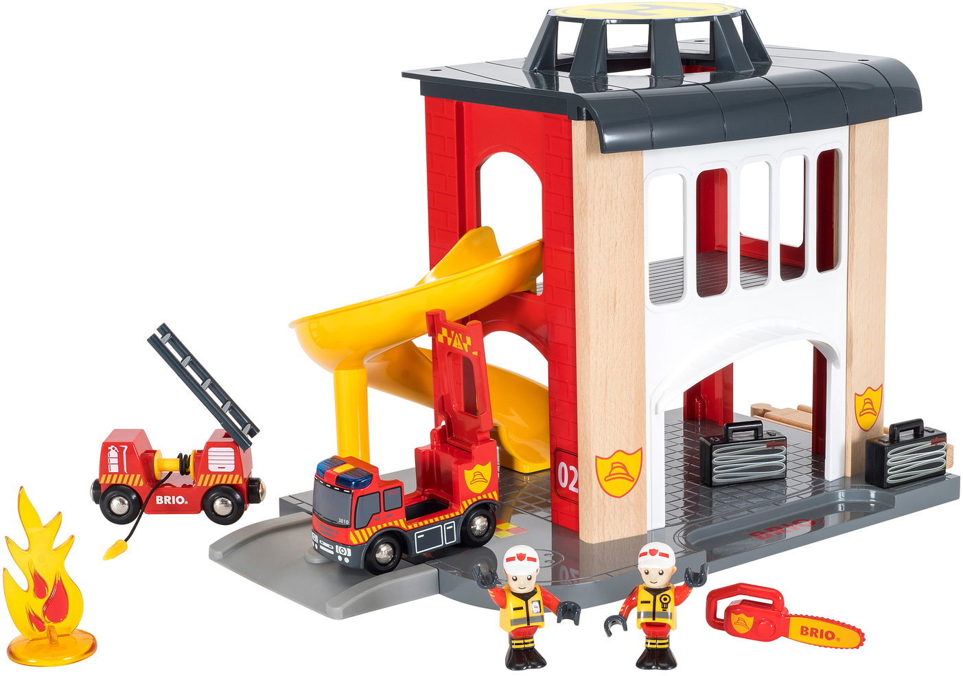 BRIO Kinder Spiel-Feuerwehrwache "BRIO WORLD, Große Feuerwehrstation mit Einsatzfahrzeug", bunt, B:19cm H:24cm T:27cm, Fahrzeug-Spielwelten, FSC -