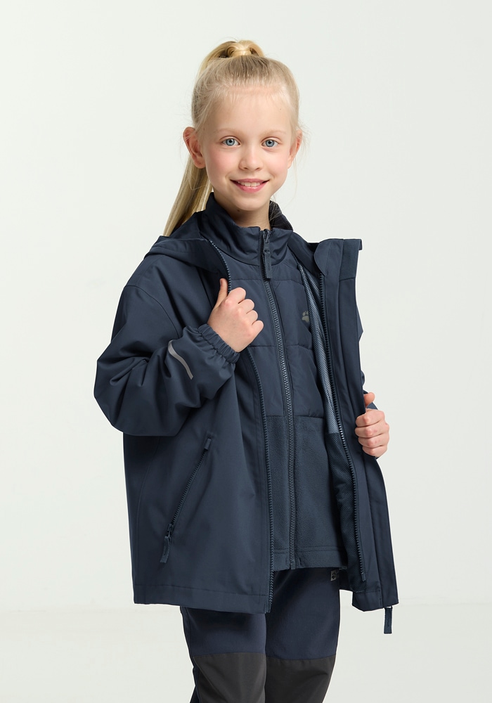 Jack Wolfskin 3-in-1-Funktionsjacke »HYBRID 3IN1 JACKET K« mit Kapuze für Kinder, atmungsaktive Fleece-Innenjacke, wasserdichte Außenjacke