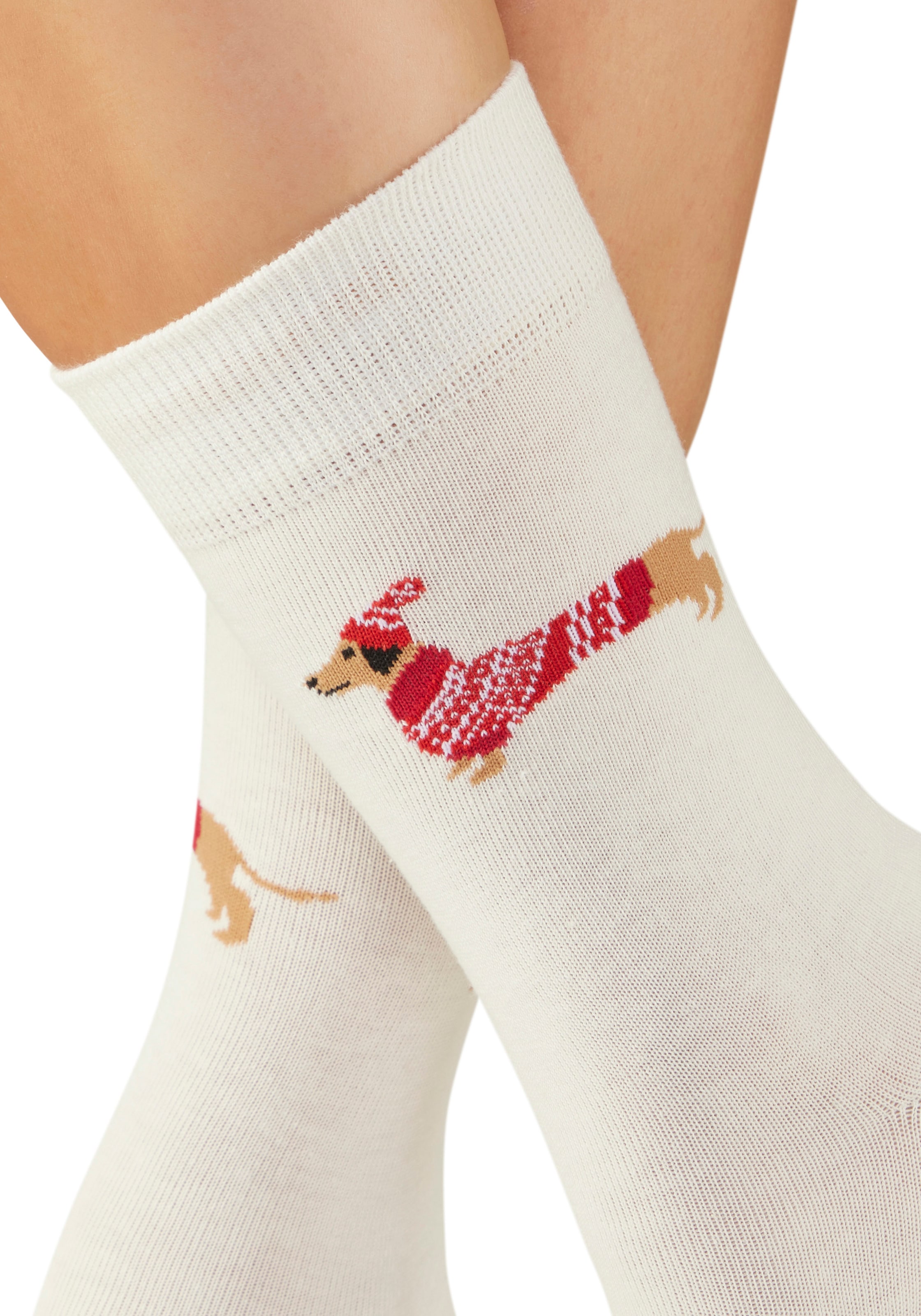 LASCANA Socken Packung, 3 Paar tlg. mit weihnachtlichem Dackelmotiv