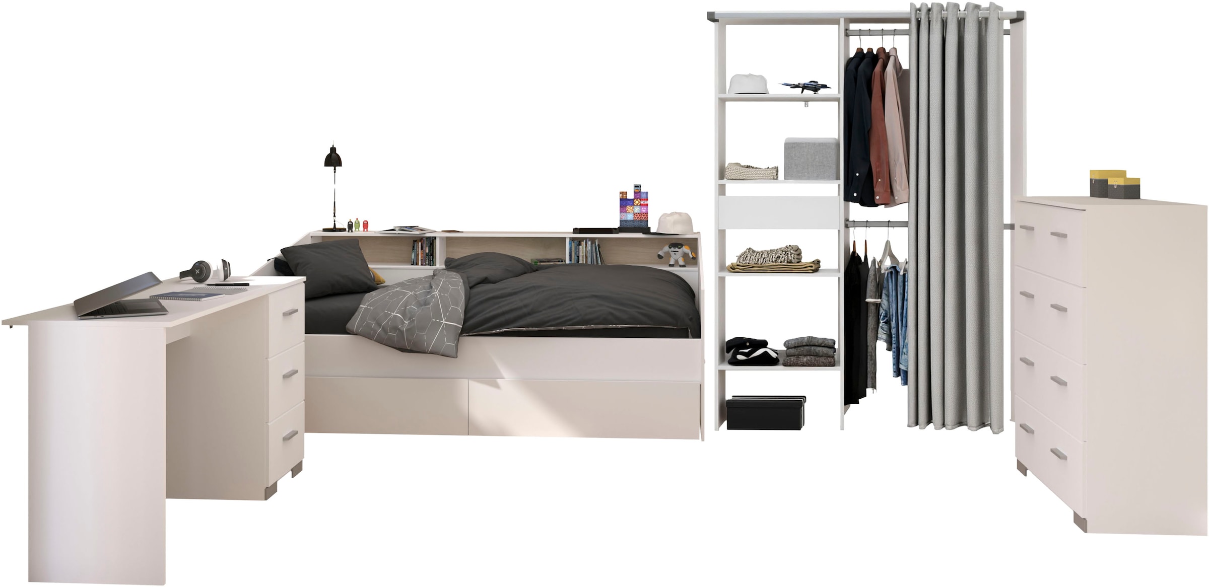 Parisot Jugendzimmer-Set "Parisot Sleep 13" Set, 5 tlg. Rückwand am Stauraumett drehbar - Weiß oder Eiche