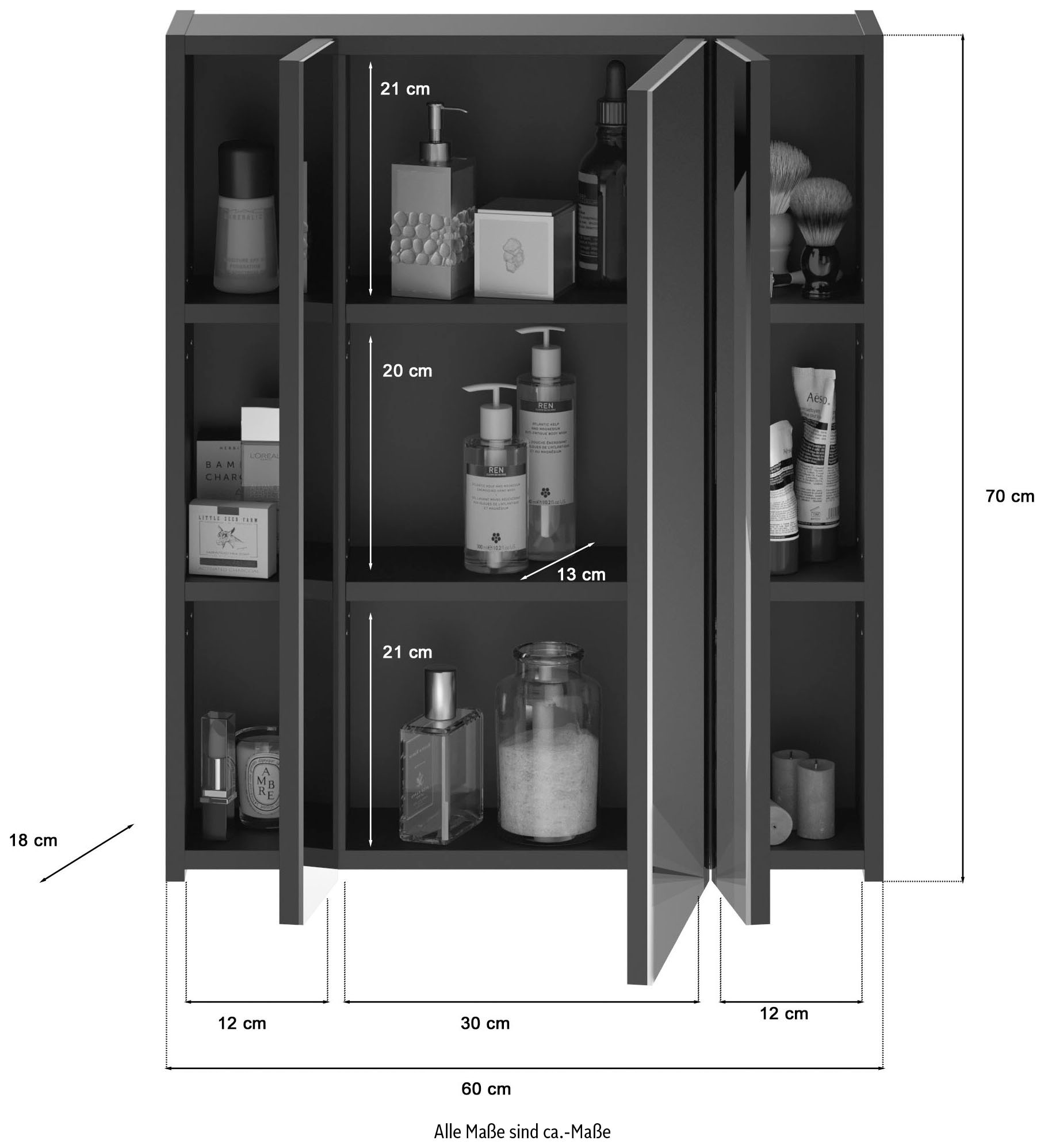 INOSIGN Badezimmerspiegelschrank »Malmö, Breite 60 cm, 3 Spiegeltüren, 9 Fächer, 6 Einlegeböden«, in verschiedenen Farben erhältlich, Badmöbel, Spiegel, Badschrank, Bad