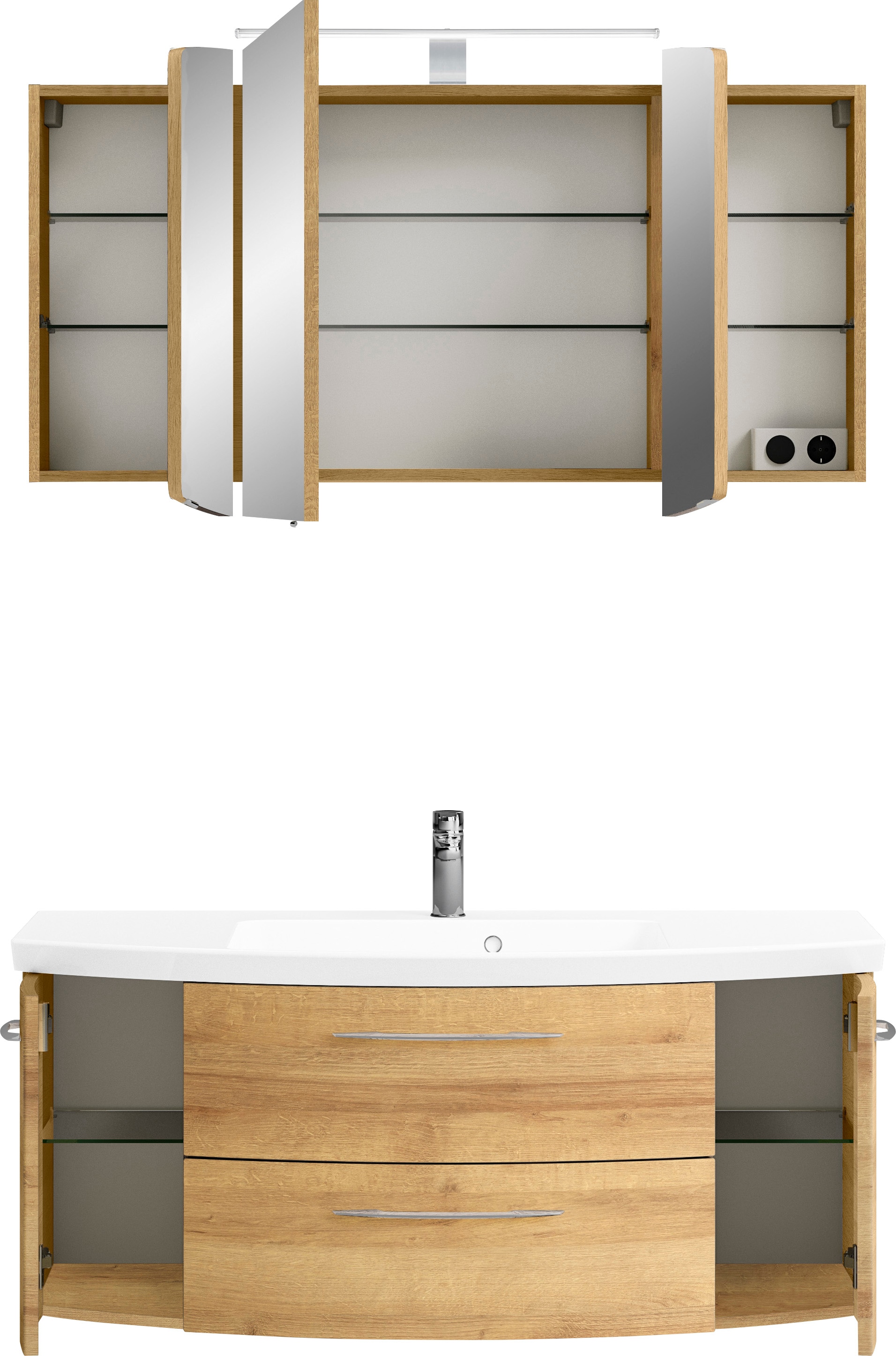Saphir Badmöbel-Set »Cassca Sprint 2-teilig Mineralmarmor-Waschtisch mit LED-Spiegelschrank«, (2 St.), Waschplatz 121 cm breit mit 5 Türen, 2 Schubladen, inkl. Türdämpfer