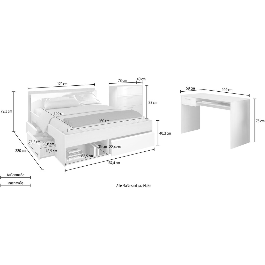 Parisot Jugendzimmer-Set »Most«, (Set, 3 St., Bett mit Schubkästen, Schreibtisch und Schubkastenkommode)