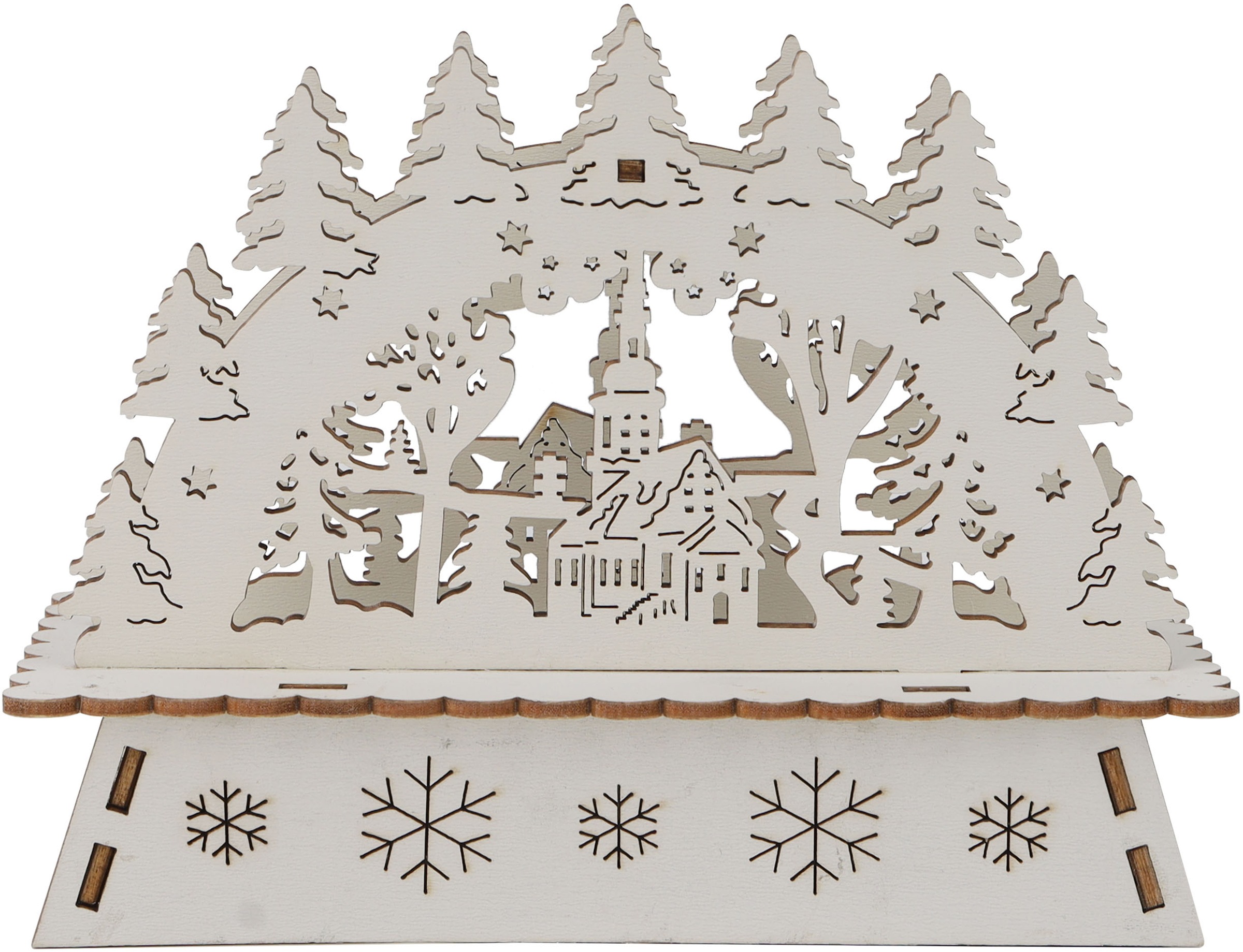 OTTO home LED Schwibbogen »Weihnachtsdeko mit LED-Licht« 1 Dorfkirche mit verschneitem Tannenwald, Batterien, Höhe 11,2 cm