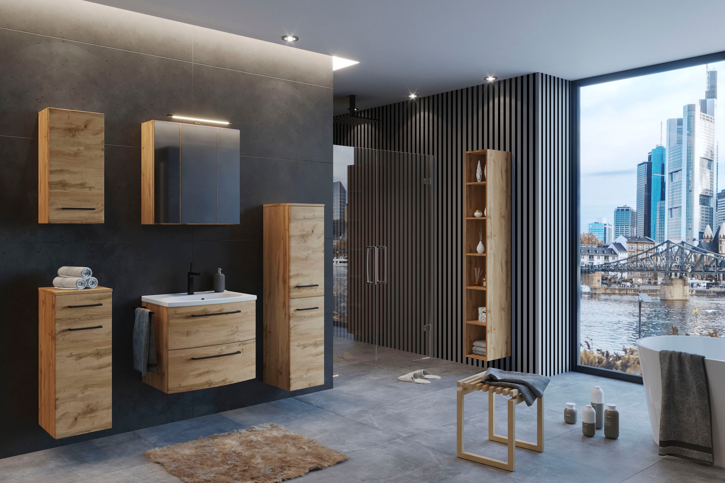 welltime Badmöbel-Set »Chicago«, (5 St., Spiegelschrank, Waschtisch, Hängeschrank, Unterschrank, Midischrank)