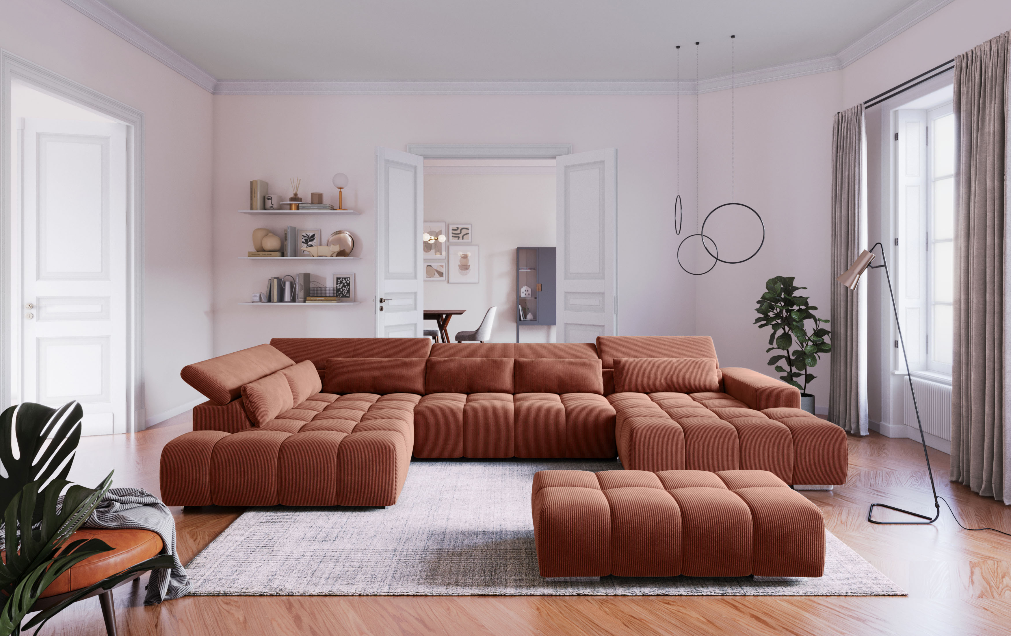 COTTA Wohnlandschaft "Orion U-Form XXL, B: 409 cm, bequeme Wellenunterfederung, top modern" mit Kopfteilverstellung & 6 Nierenkissen