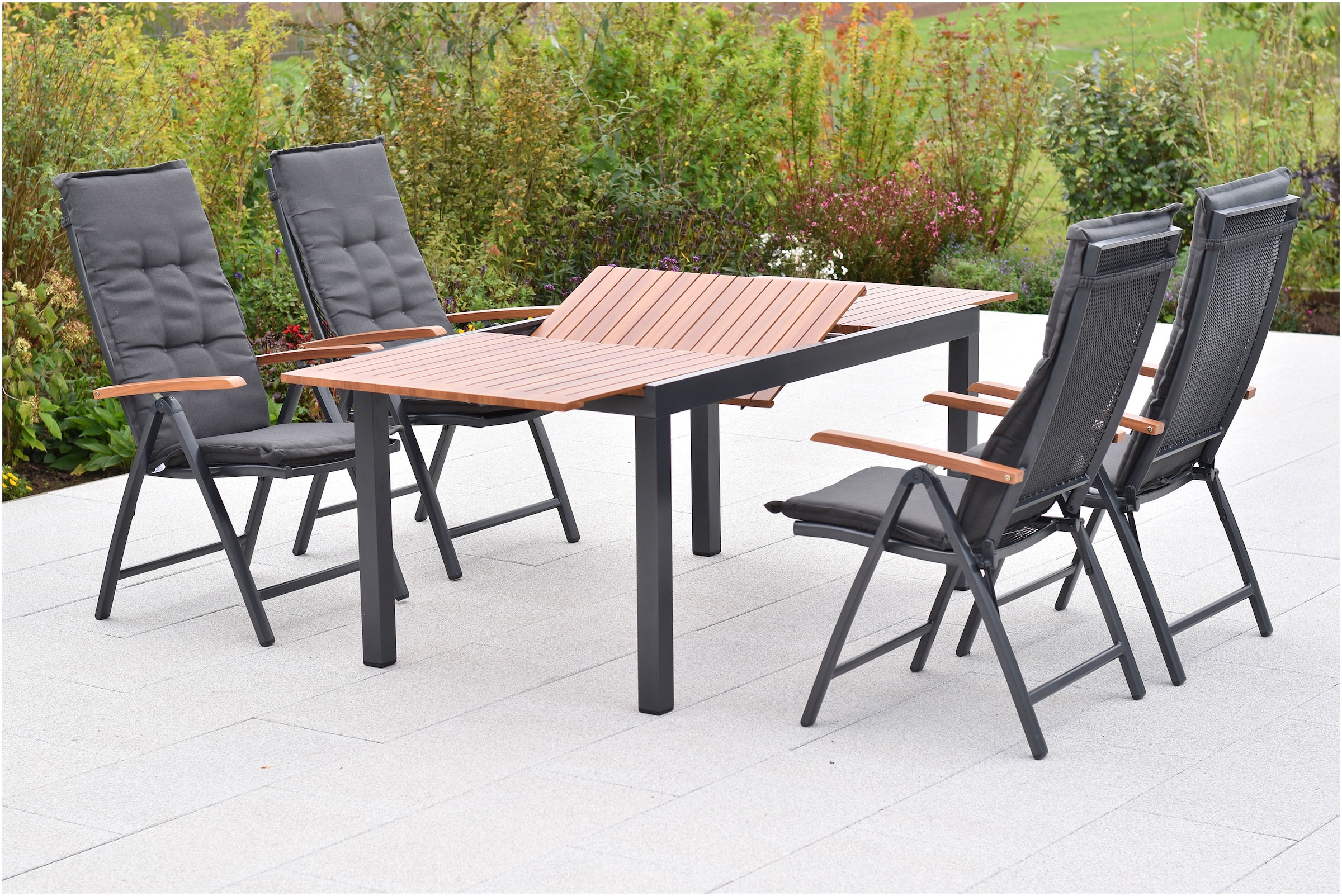 MERXX Garten-Essgruppe »»Thasos««, (Set, 9 tlg.), folierte Armlehnen und Tischplatte in Holzoptik